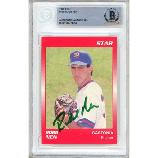 Baseballs- Autographed- Robb Nen Texas Rangers Signed 1989 Star Minor League Rookie Card Beckett Authentic Auto Slab Front