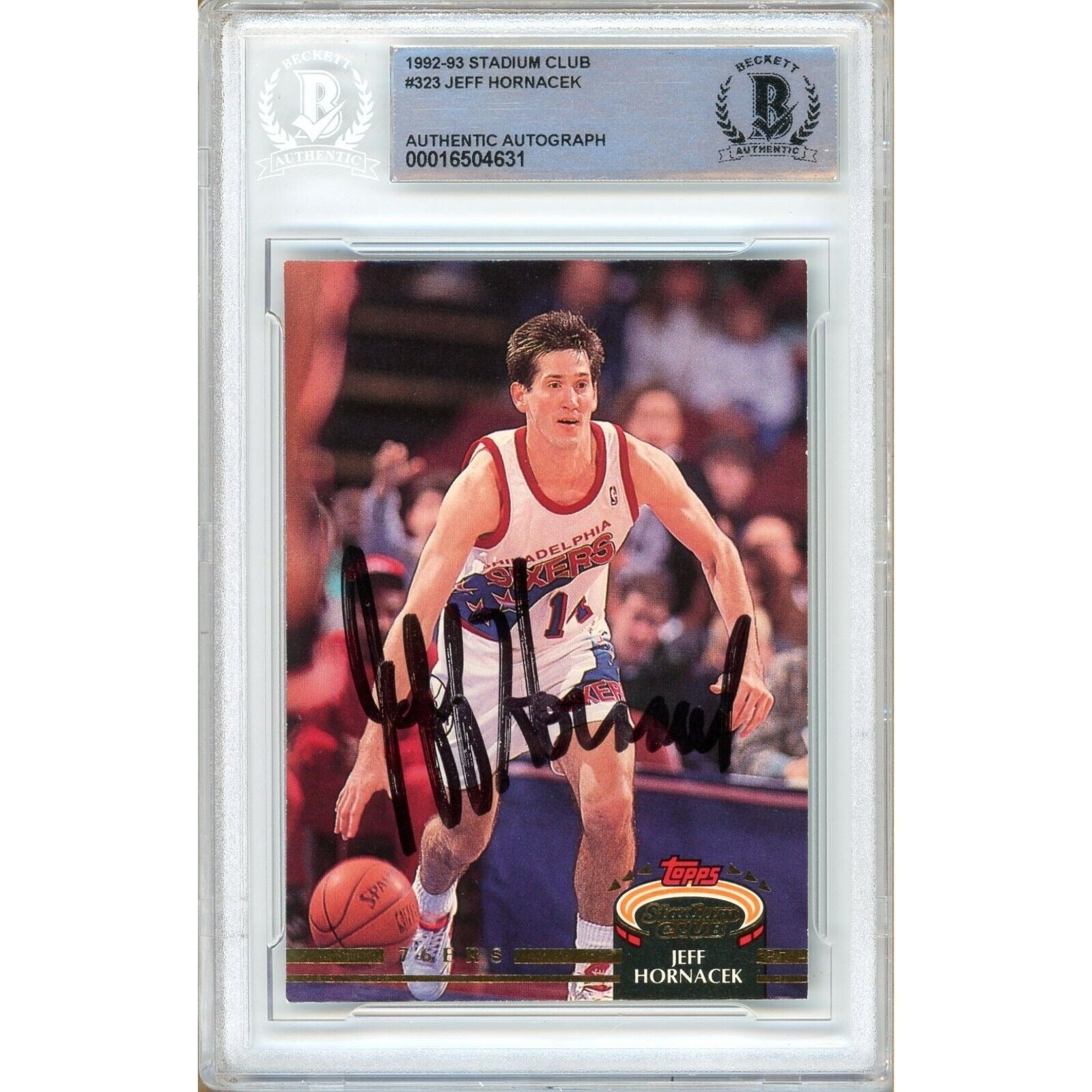 Basketballs- Autographed- Jeff Hornacek Philadelphia 76ers Signed 1992-93 Topps Stadium Club Sixers Basketball Card Beckett Authentic Auto Slab Front