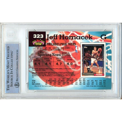 Basketballs- Autographed- Jeff Hornacek Philadelphia 76ers Signed 1992-93 Topps Stadium Club Sixers Basketball Card Beckett Authentic Auto Slab Back