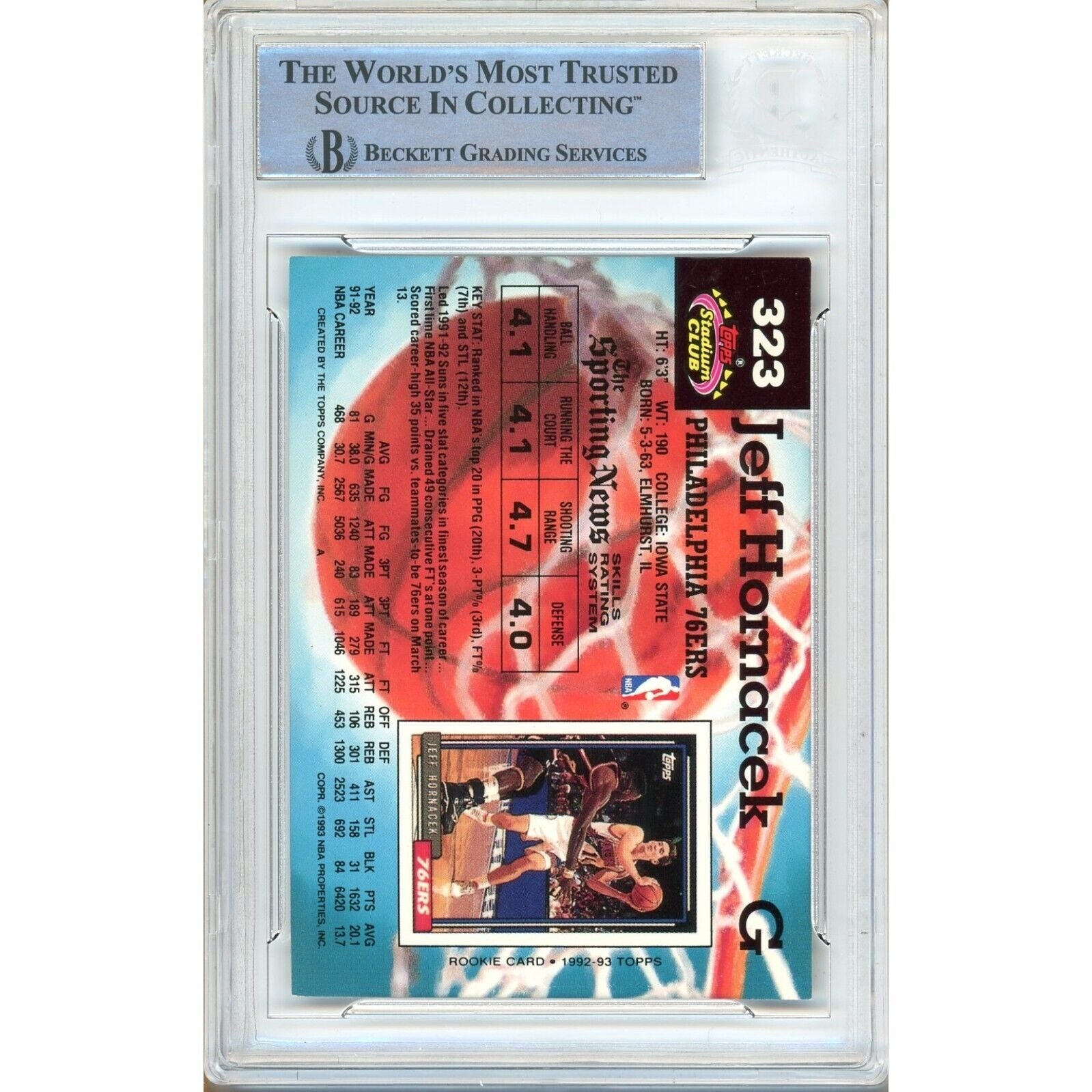 Basketballs- Autographed- Jeff Hornacek Philadelphia 76ers Signed 1992-93 Topps Stadium Club Sixers Basketball Card Beckett Authenticated Auto Slab Back