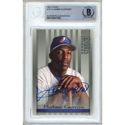 Baseballs- Autographed- Vladimir Guerrero Montreal Expos Signed 1997 Donruss Studio Trading Card Beckett Authentic Auto Slab Front