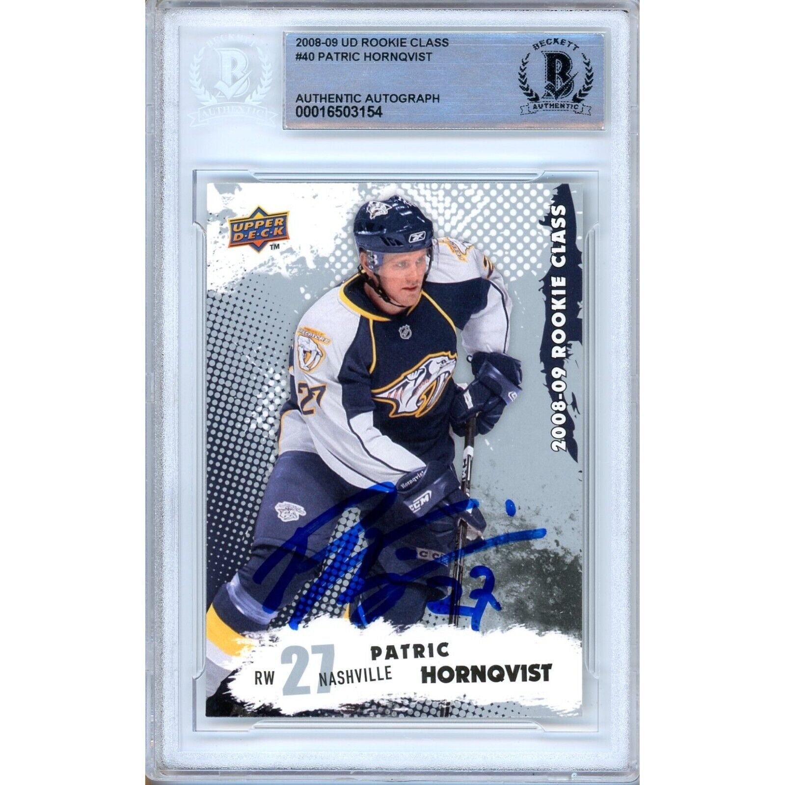 Hockey- Autographed- Patric Hornqvist Nashville Predators Signed 2008-09 Upper Deck Rookie Class Hockey Card Beckett Authentic Auto Slab Front