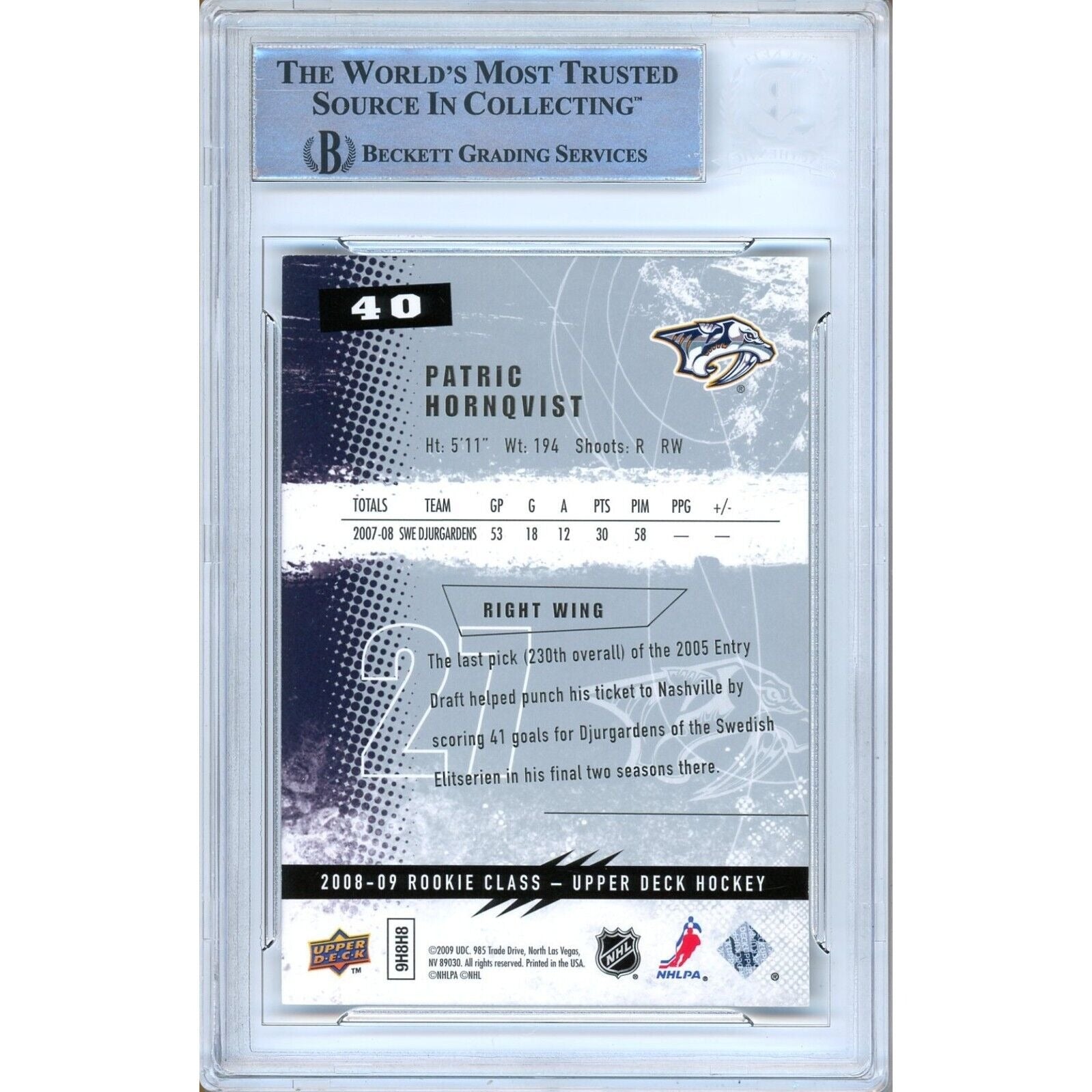 Patric Hornqvist Nashville Predators signed trading card – signature close-up – Beckett COA