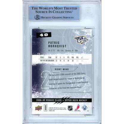 Hockey- Autographed- Patric Hornqvist Nashville Predators Signed 2008-09 Upper Deck Rookie Class Hockey Card Beckett Authentic Auto Slab Back