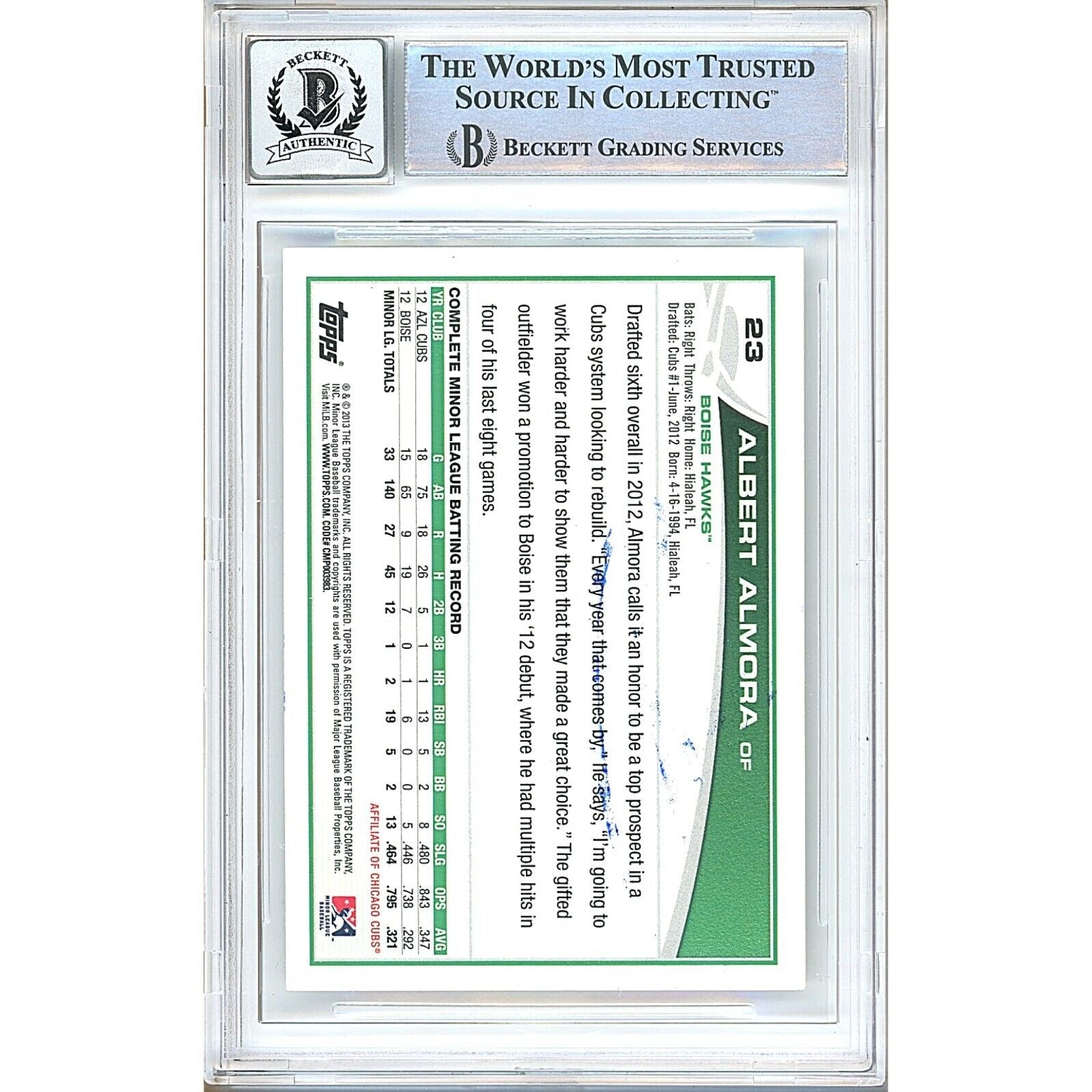 2013 Topps #23 Albert Almora Autograph Trading Card – Beckett BAS