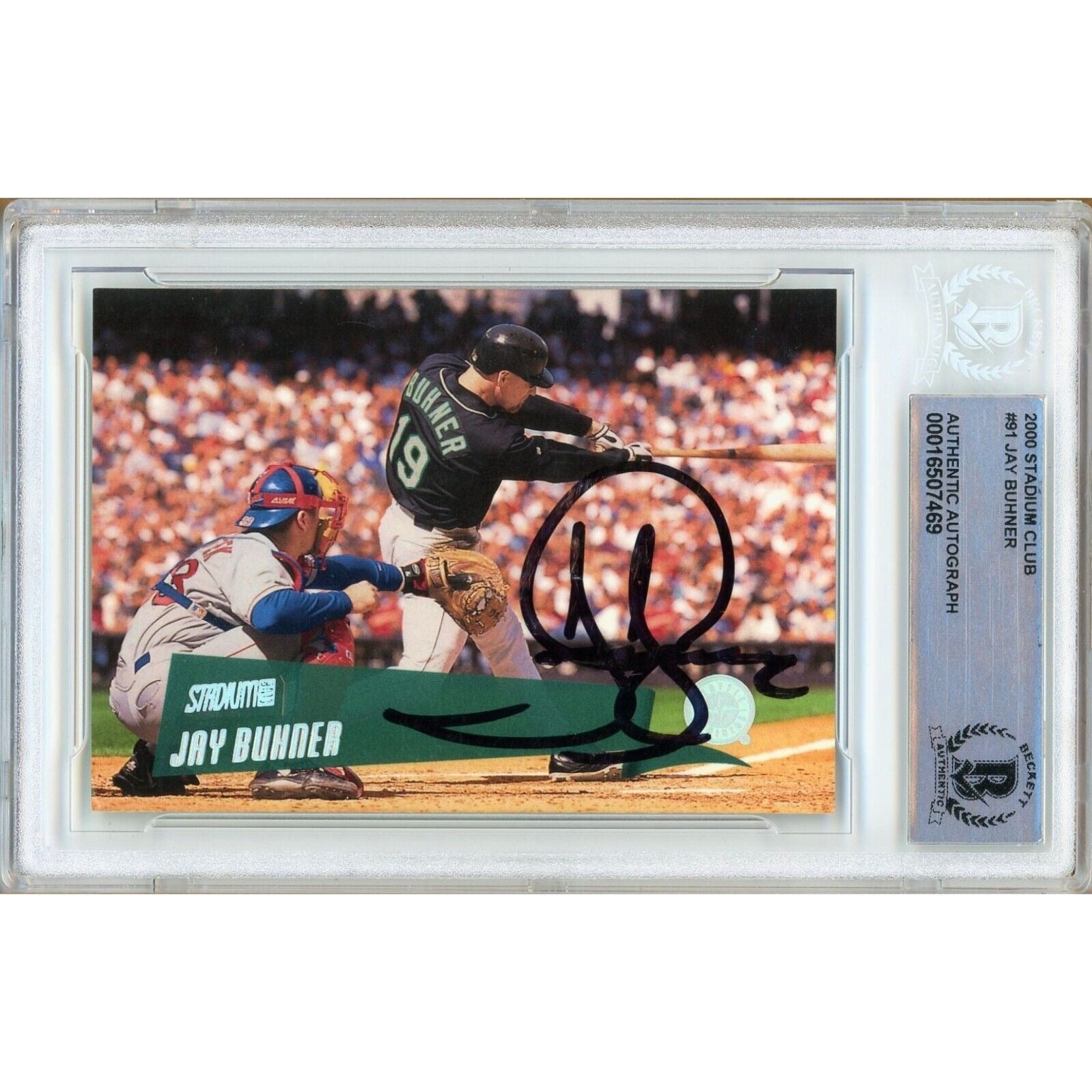 Baseballs- Autographed- Jay Buhner Seattle Mariners Signed 2000 Topps Stadium Club Baseball Card Beckett Authentic Auto Slab Front