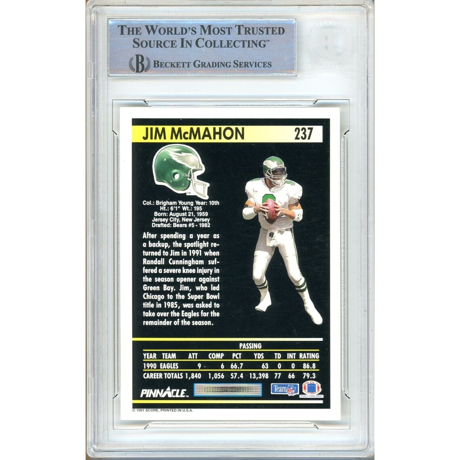 Footballs- Autographed- Jim McMahon Philadelphia Eagles Signed 1991 Pinnacle Football Card Beckett Authentic Auto Slab Back