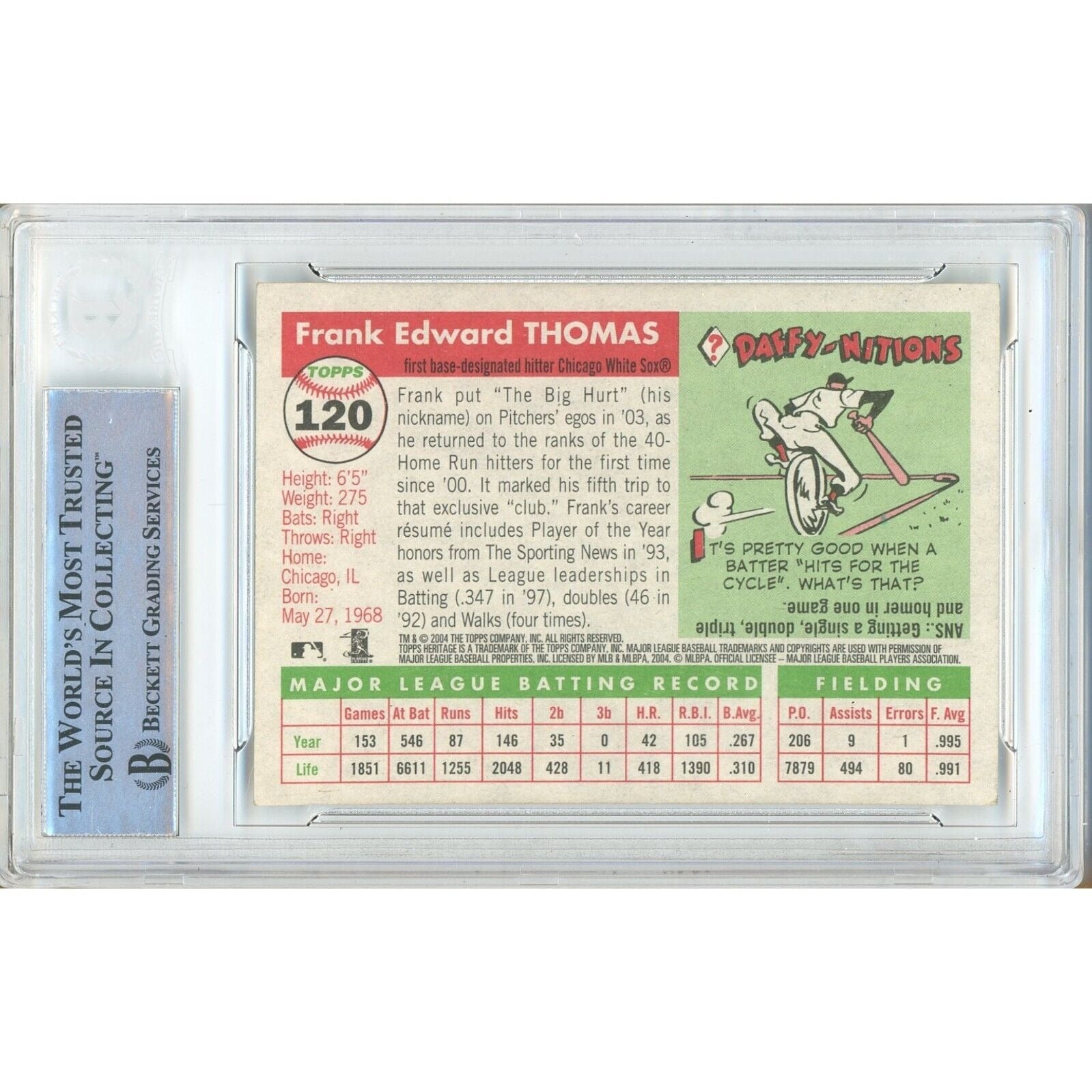 Baseballs- Autographed- Frank Thomas Chicago White Sox Signed 2004 Topps Heritage Baseball Card Beckett Authentic Auto Slab Back