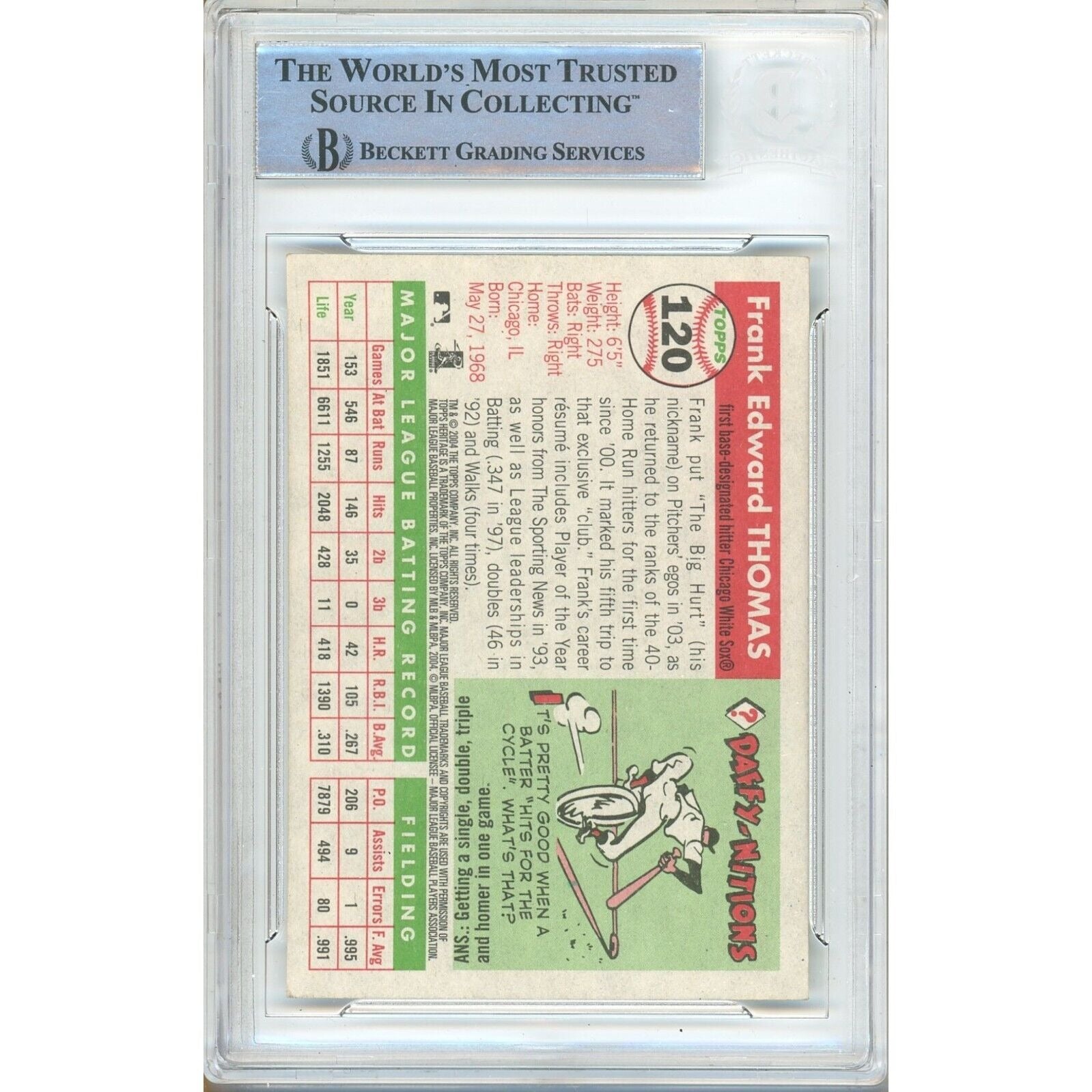 Baseballs- Autographed- Frank Thomas Chicago White Sox Signed 2004 Topps Heritage Baseball Card Beckett Authenticated Auto Slab Back