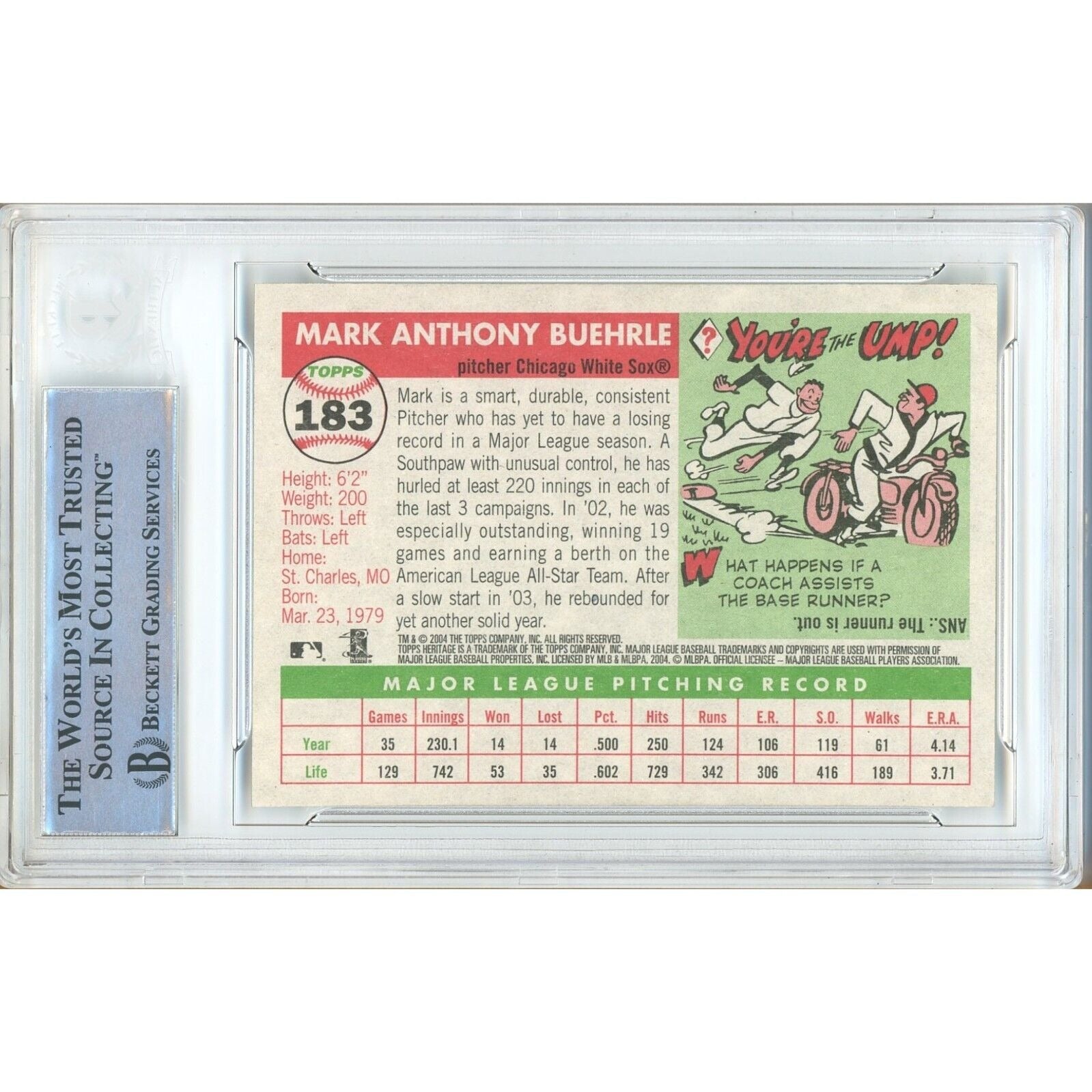 Mark Buehrle White Sox auto trading card – authentication sticker – Beckett COA