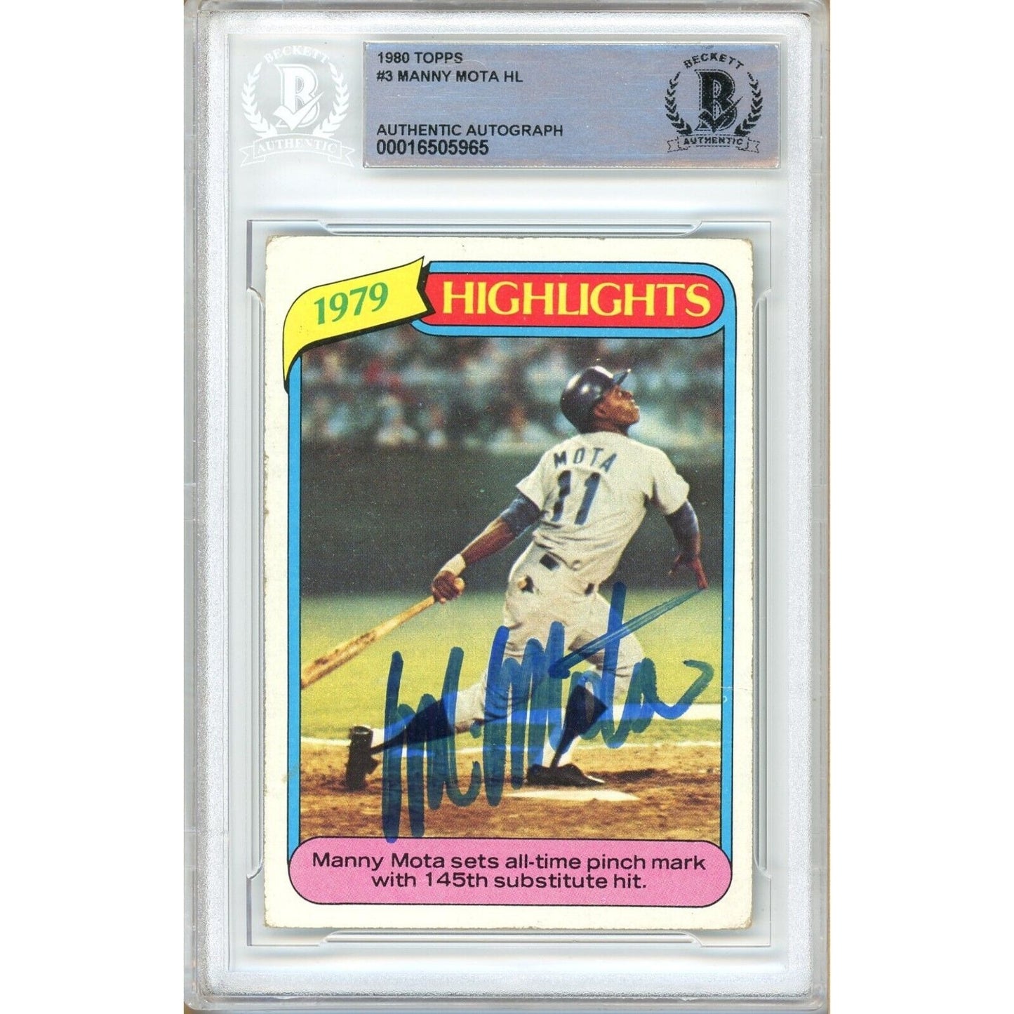 Baseballs- Autographed- Manny Mota Los Angeles Dodgers Signed 1980 Topps Baseball Card Beckett Authentic Auto Slab Front