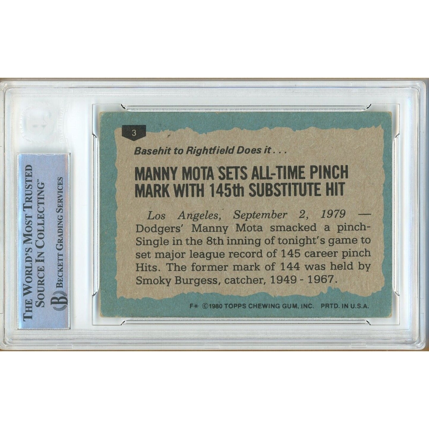 Baseballs- Autographed- Manny Mota Los Angeles Dodgers Signed 1980 Topps Baseball Card Beckett Authentic Auto Slab Back