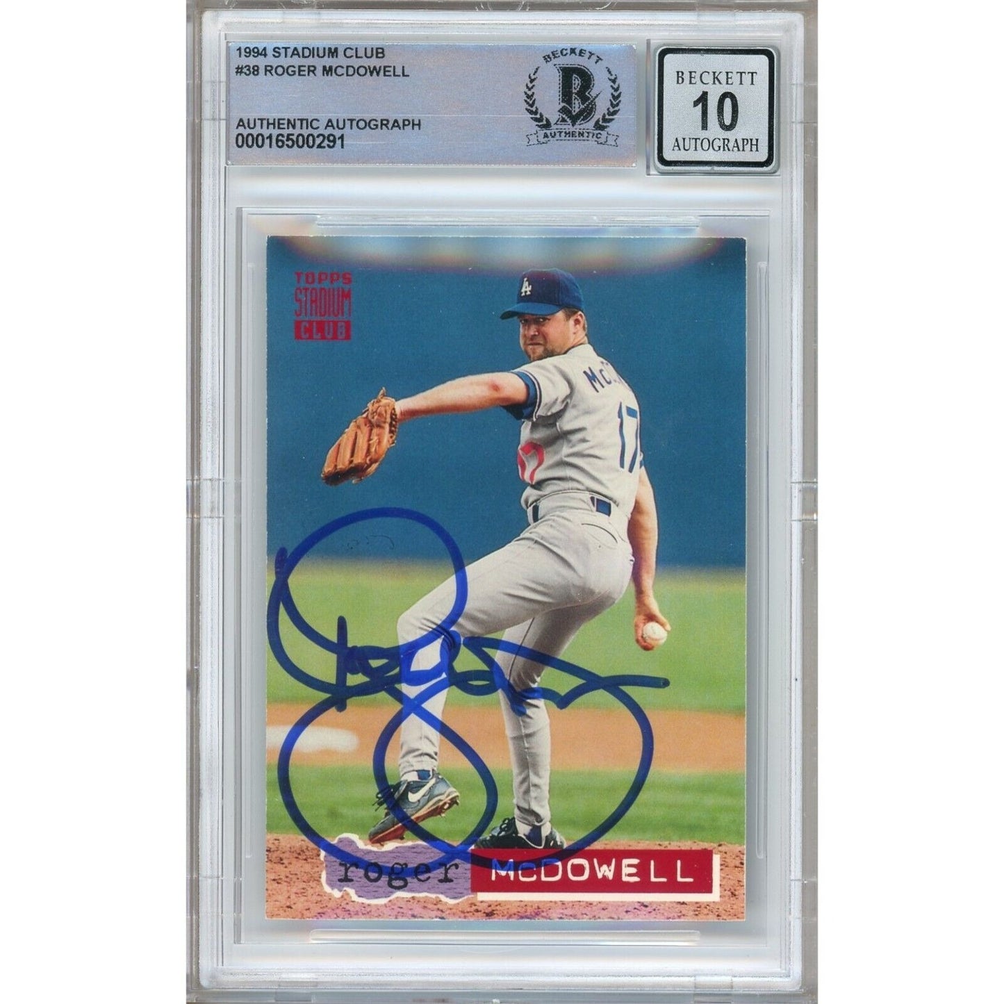 Baseballs- Autographed- Roger McDowell Los Angeles Dodgers Signed 1994 Topps Stadium Club Trading Card Beckett Authentic BGS Auto-10 Graded Slab Front