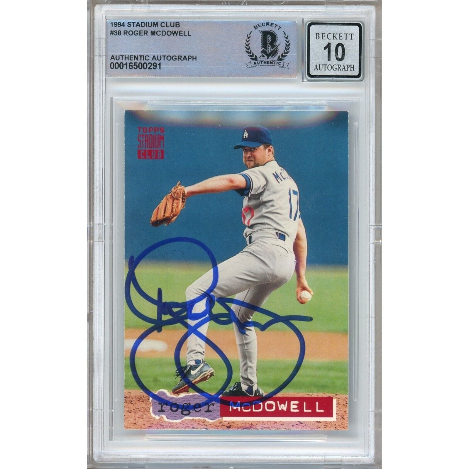 Roger McDowell Los Angeles Dodgers autographed trading card – full view – Beckett COA