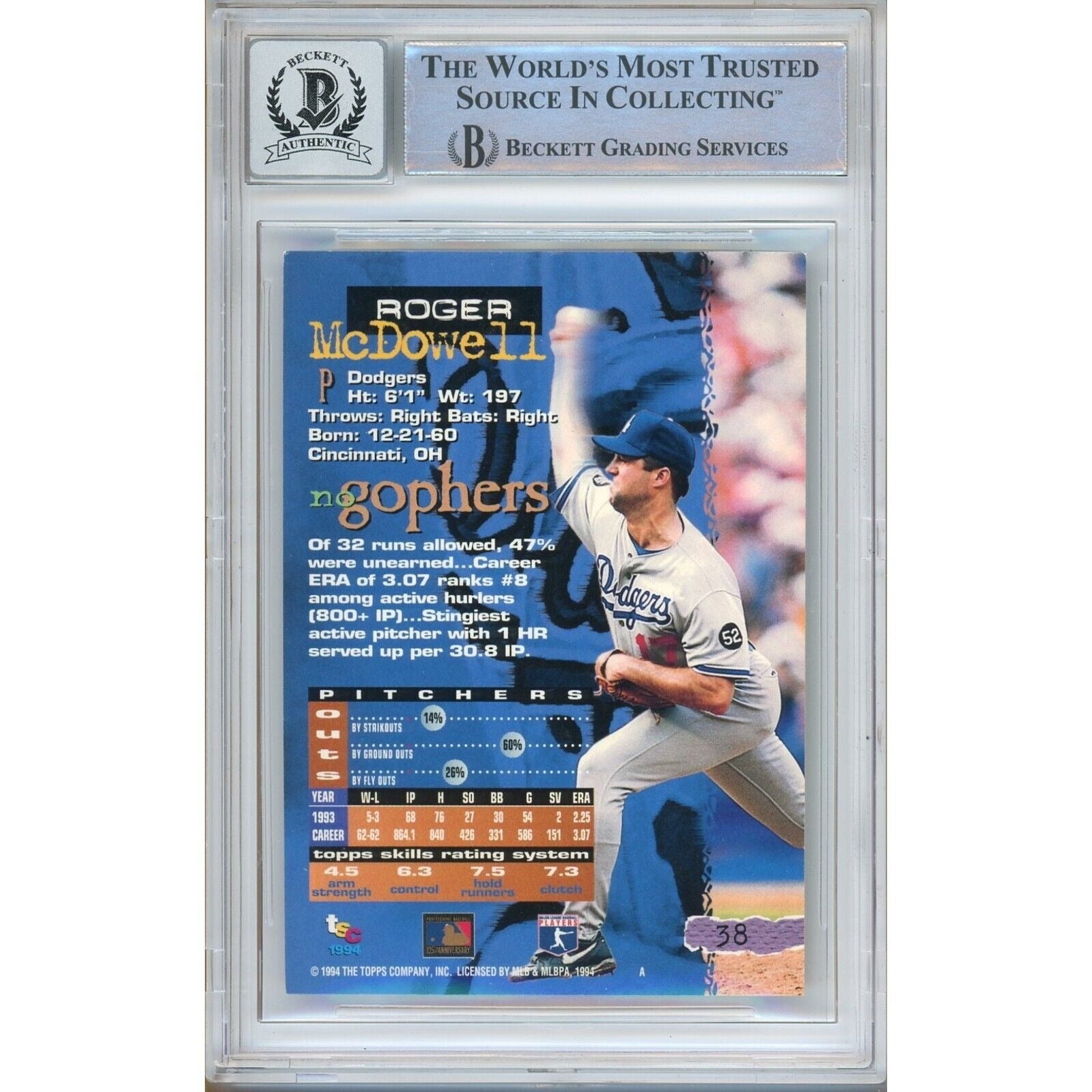 Baseballs- Autographed- Roger McDowell Los Angeles Dodgers Signed 1994 Topps Stadium Club Trading Card Beckett Authentic BGS Auto-10 Graded Slab Back