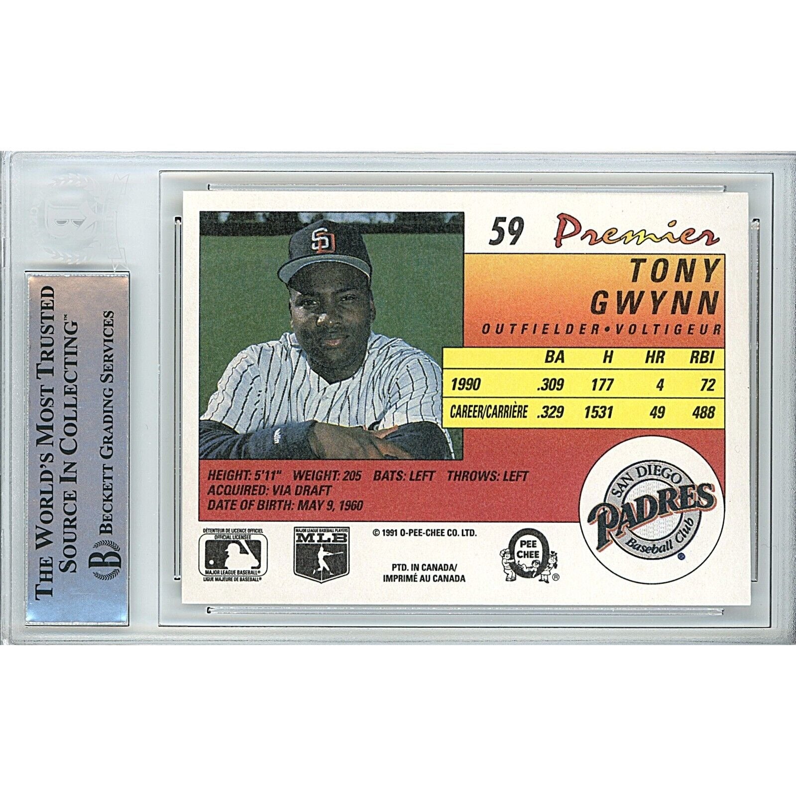 Baseballs- Autographed- Tony Gwynn San Diego Padres Signed 1991 O-Pee-Chee Premier Trading Card Beckett Authentic Auto Slab Back