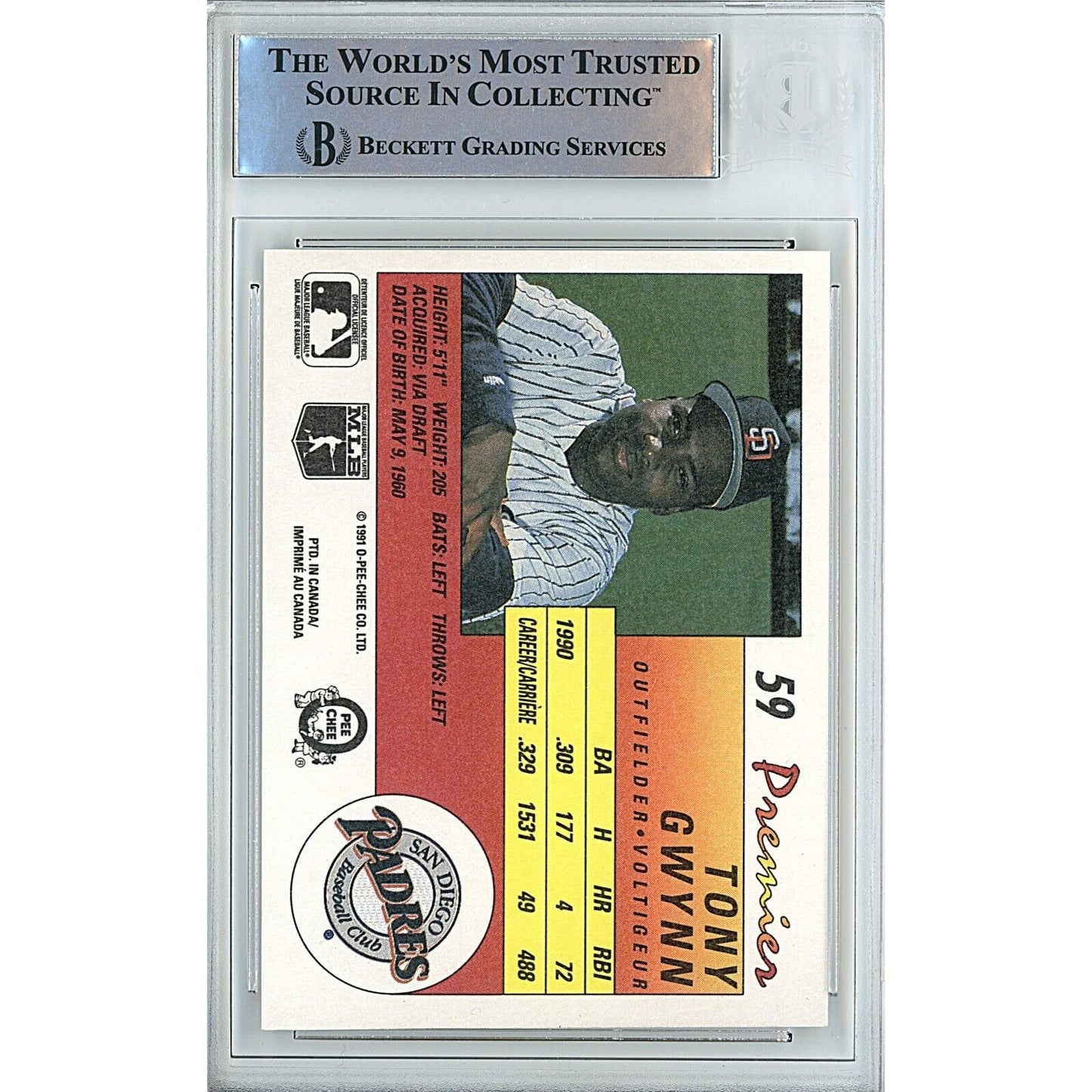 Baseballs- Autographed- Tony Gwynn SD Padres Signed 1991 O-Pee-Chee Premier Trading Card Beckett Authentic Auto Slab Back