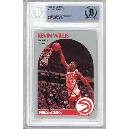 Basketballs- Autographed- Kevin Willis Atlanta Hawks Signed 1990-91 NBA Hoops Basketball Card Beckett Authentic Auto Slab Front