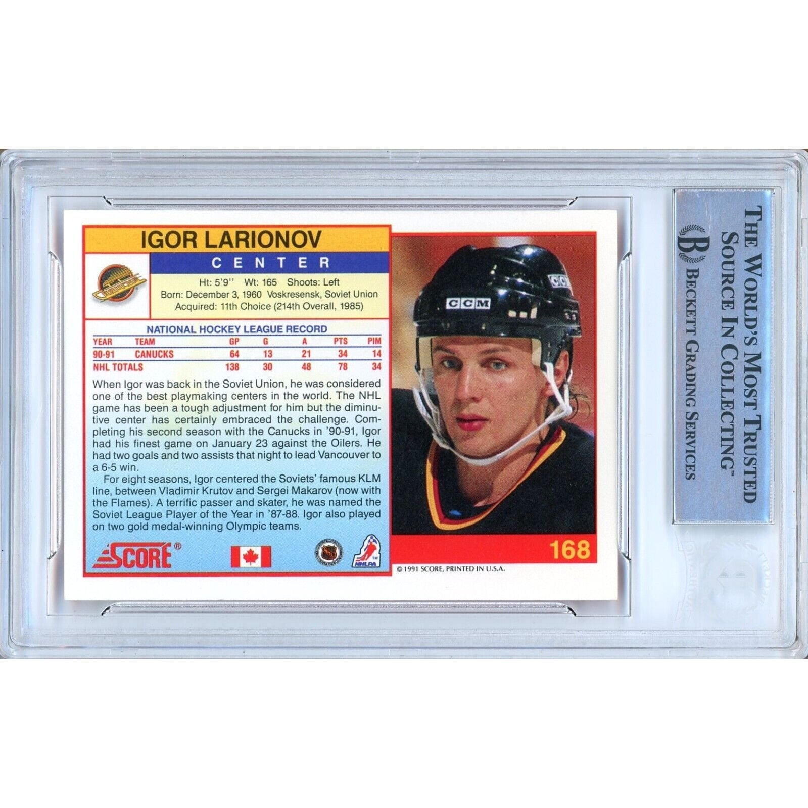 Hockey- Autographed- Igor Larionov Vancouver Canucks Signed 1991-92 Score Canadian English Hockey Card Beckett Authentic Auto Slab Back