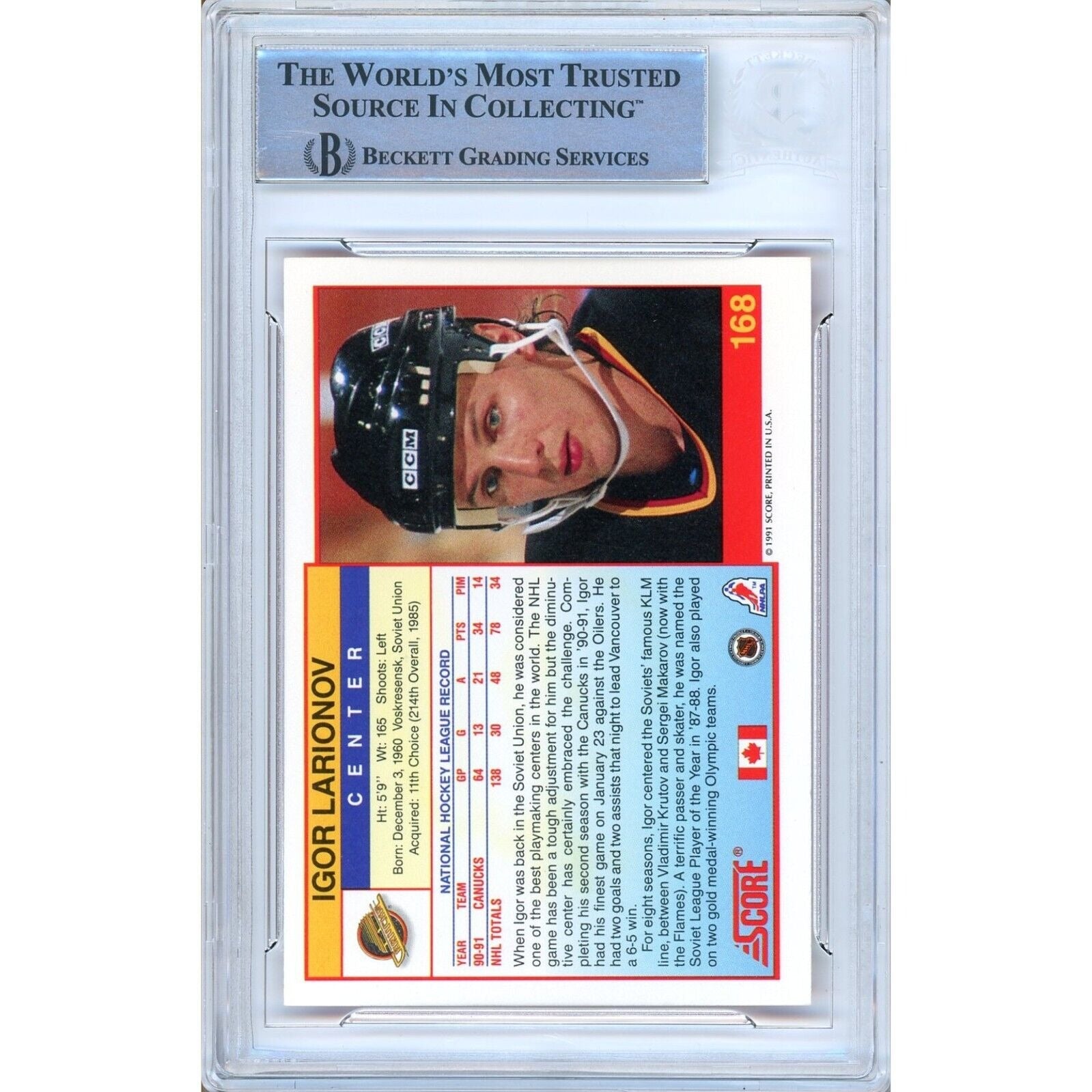 Igor Larionov Vancouver Canucks auto trading card – authentication sticker – Beckett COA