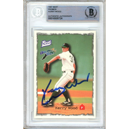 Baseballs- Autographed- Kerry Wood Chicago Cubs Signed 1997 Best Promos Rookie Card Beckett Authentic Auto Slab Front