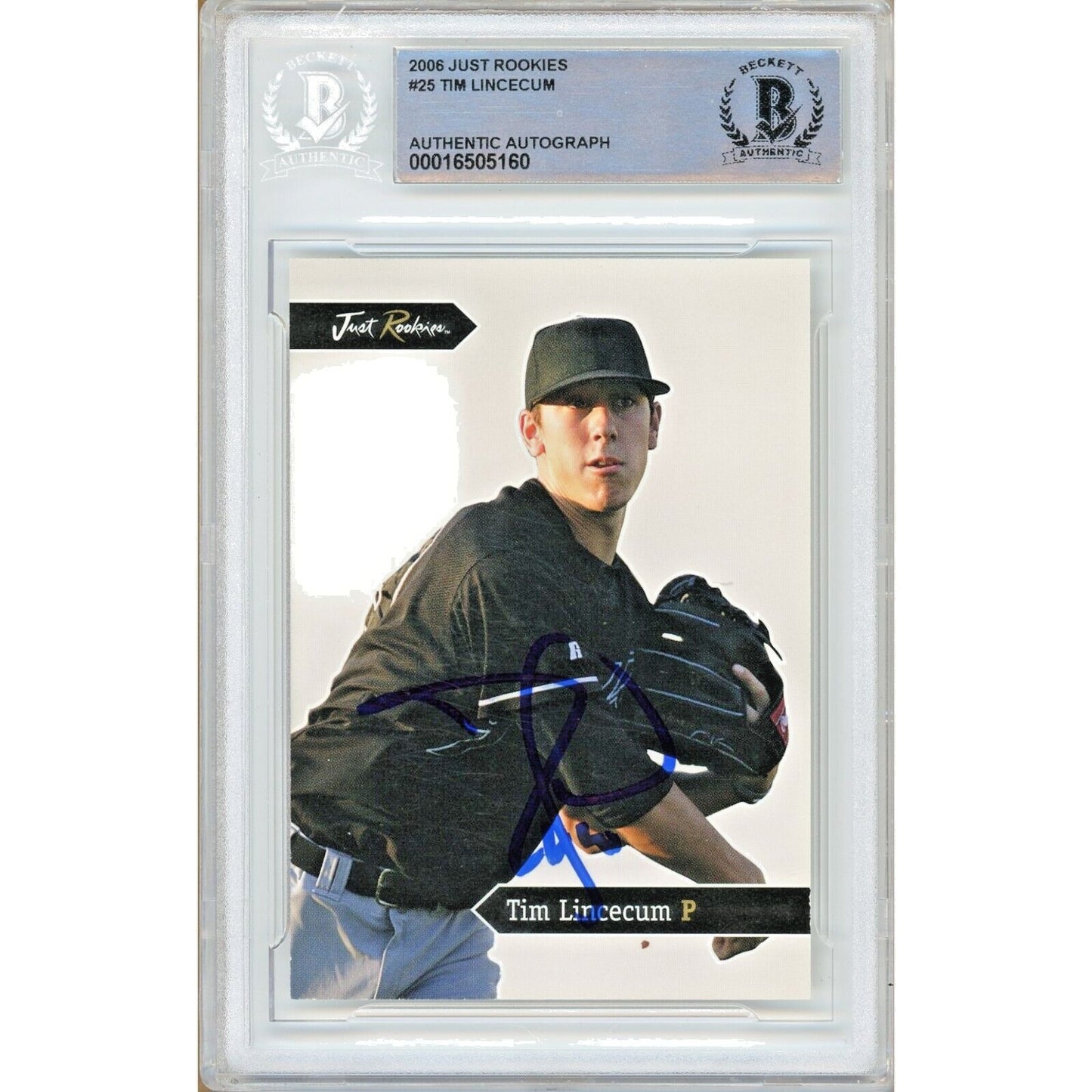 Baseballs- Autographed- Tim Lincecum San Francisco Giants Signed 2006 Just Rookies Trading Card Beckett Authentic Auto Slab Front