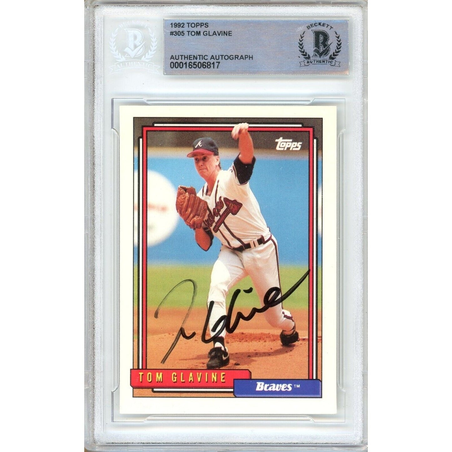 Baseballs- Autographed- Tom Glavine Atlanta Braves Signed 1992 Topps Trading Card Beckett Authentic Auto Slab Front