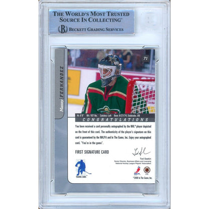 Hockey- Autographed- Manny Fernandez Minnesota Wild Signed 2000-01 BAP Be A Player Memorabilia Hockey Card Beckett Authentic Auto Slab Back