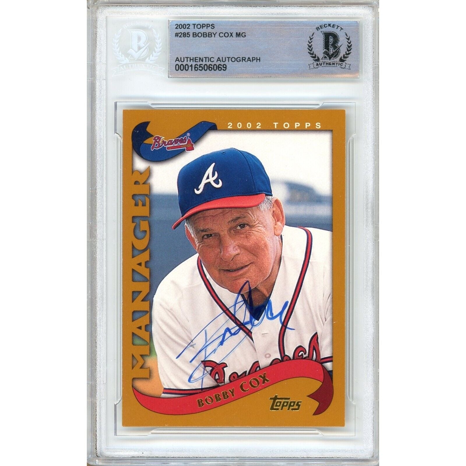 Baseballs- Autographed- Bobby Cox Atlanta Braves Signed 2002 Topps Baseball Card Beckett Authentic Auto Slab Front