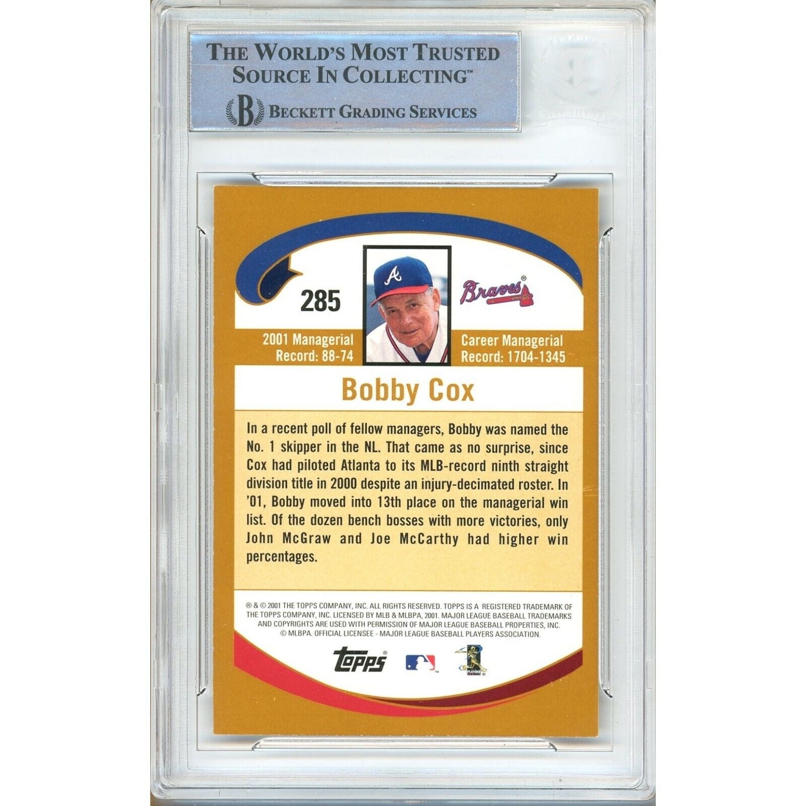 Baseballs- Autographed- Bobby Cox Atlanta Braves Signed 2002 Topps Baseball Card Beckett Authentic Auto Slab Back