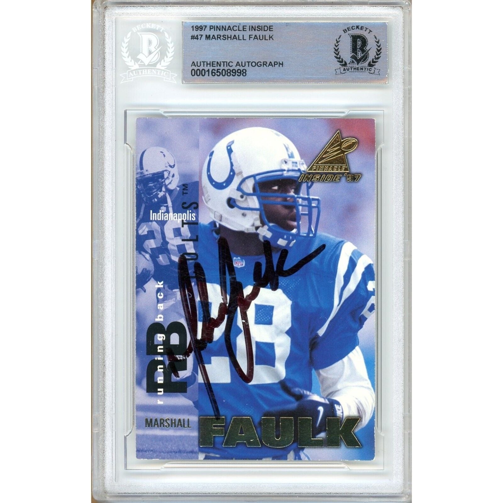 Marshall Faulk Indianapolis Colts autographed trading card – full view – Beckett COA