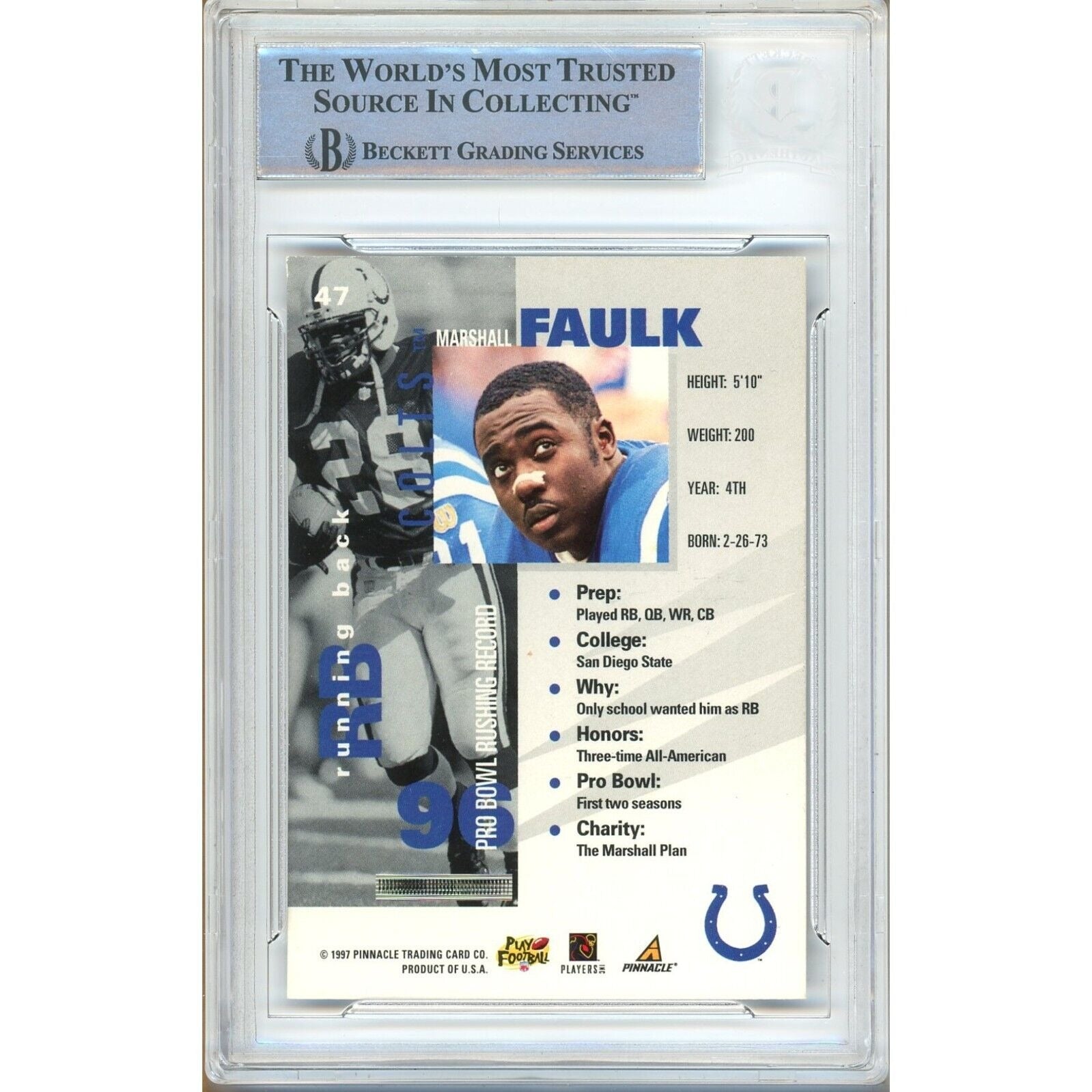 Marshall Faulk Indianapolis Colts signed trading card – signature close-up – Beckett COA
