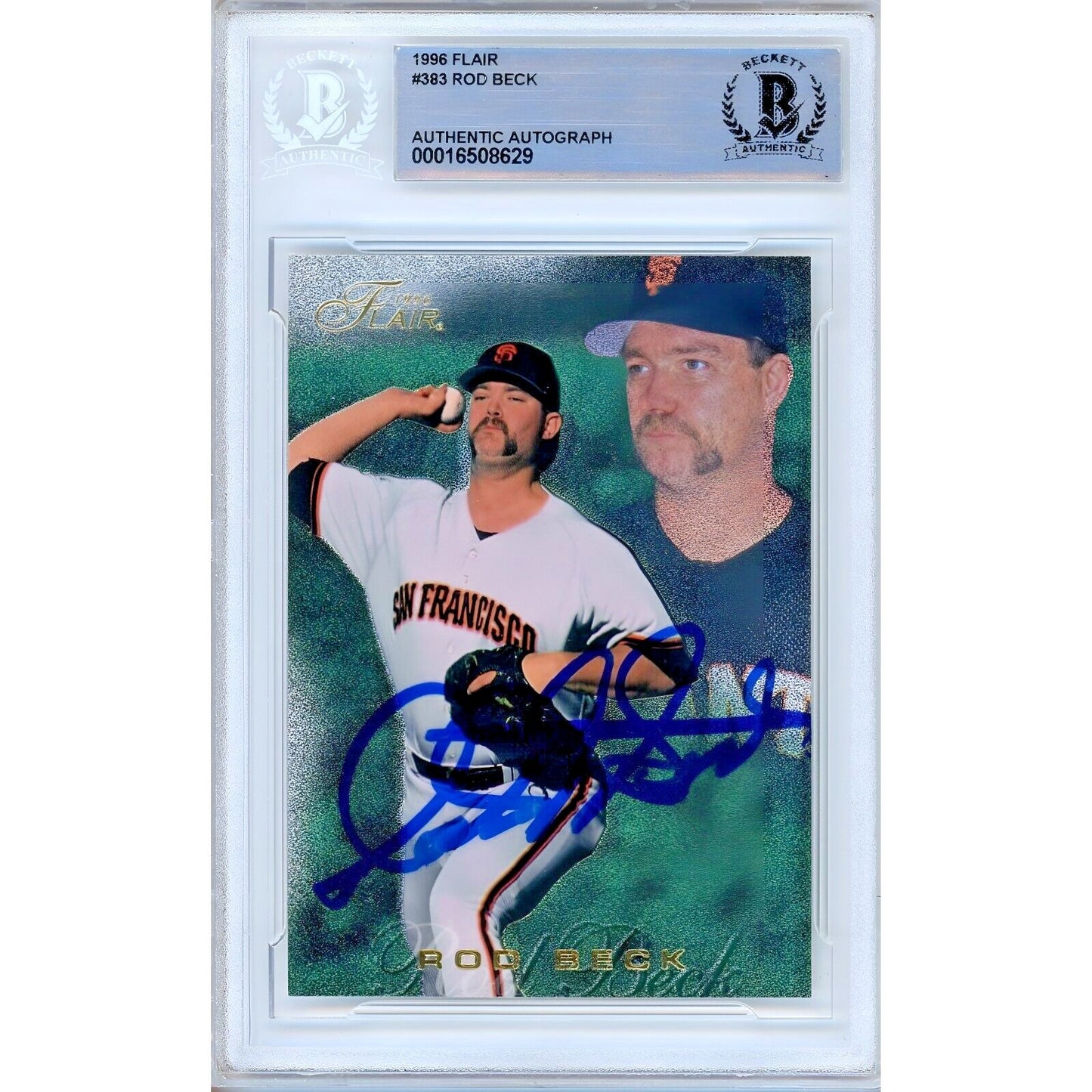 Baseballs- Autographed- Rod Beck San Francisco Giants Signed 1996 Flair Trading Card Beckett Authentic Auto Slab Front