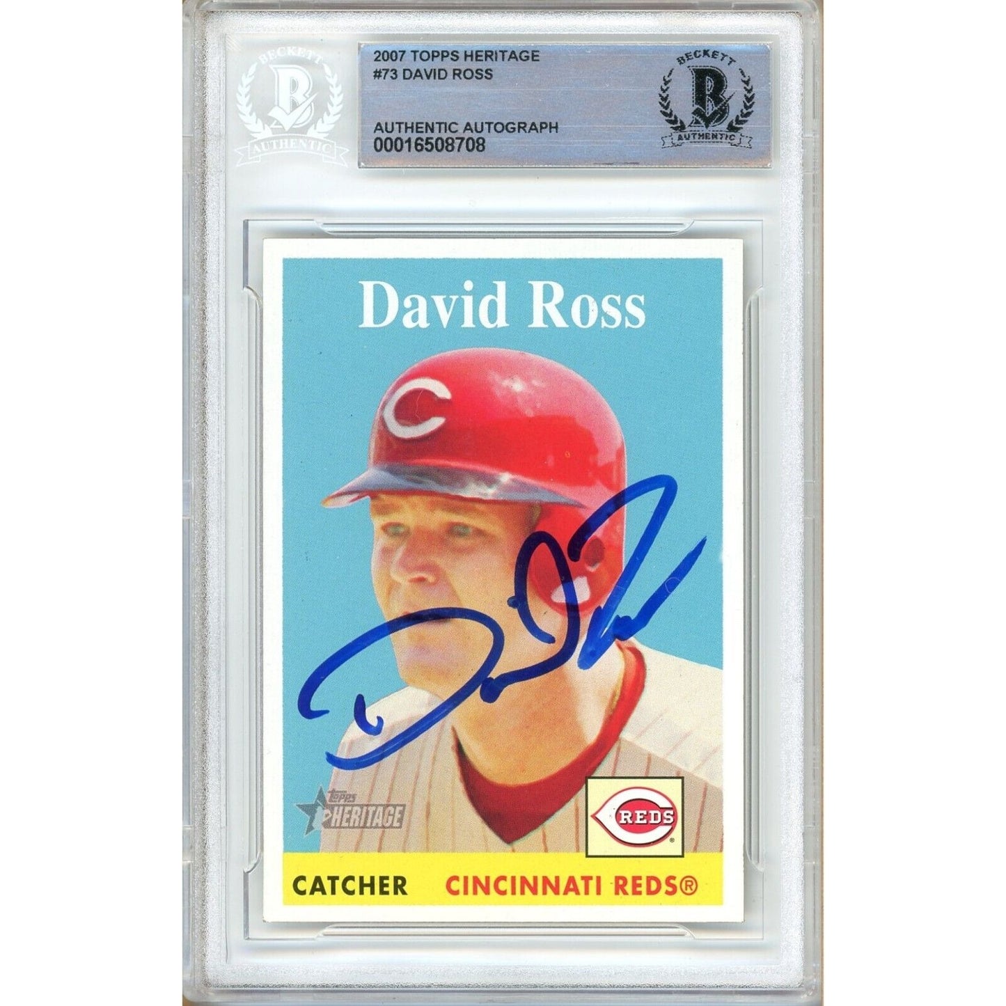 Baseballs- Autographed- David Ross Cincinnati Reds Signed 2007 Topps Heritage Baseball Card Beckett Authentic BGS Auto-10 Graded Slab Front