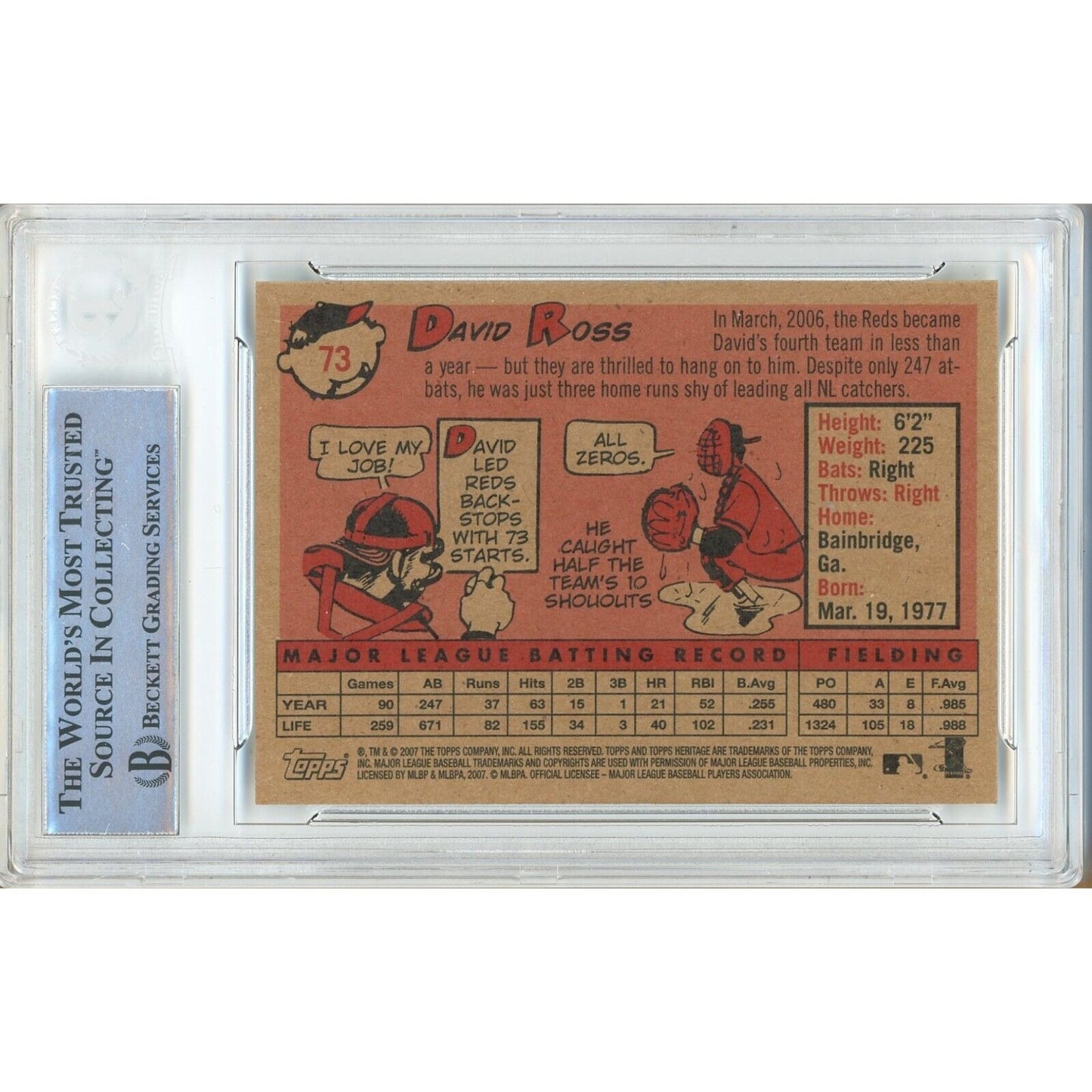 Baseballs- Autographed- David Ross Cincinnati Reds Signed 2007 Topps Heritage Baseball Card Beckett Authentic BGS Auto-10 Graded Slab Back