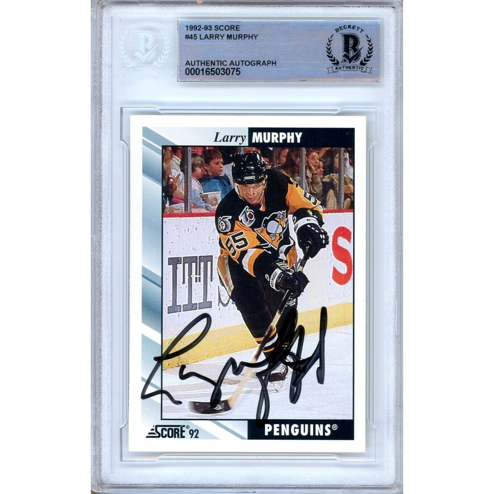 Larry Murphy Pittsburgh Penguins autographed trading card – full view – Beckett COA