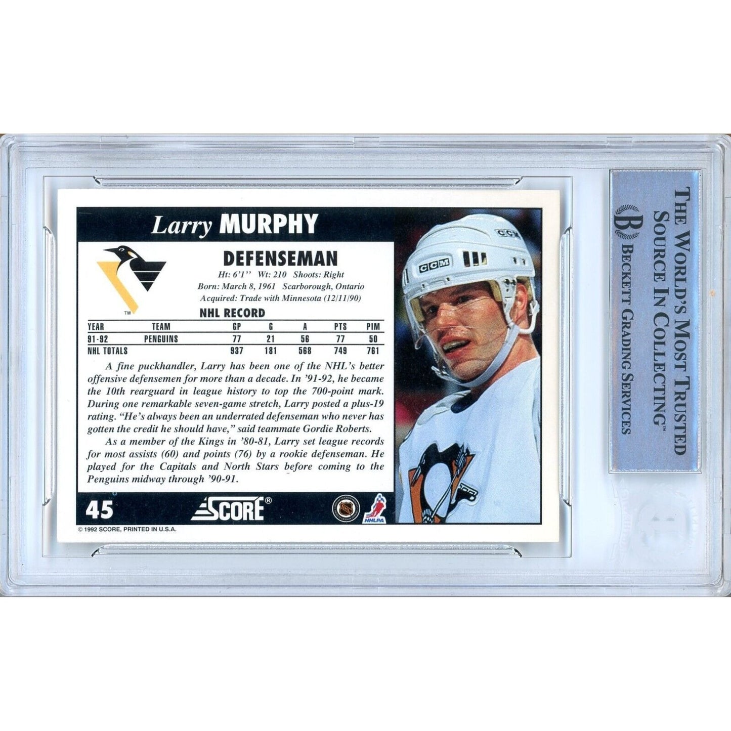 Hockey- Autographed- Larry Murphy Pittsburgh Penguins Signed 1992-93 Score Hockey Card Beckett Authentic Auto Slab Back