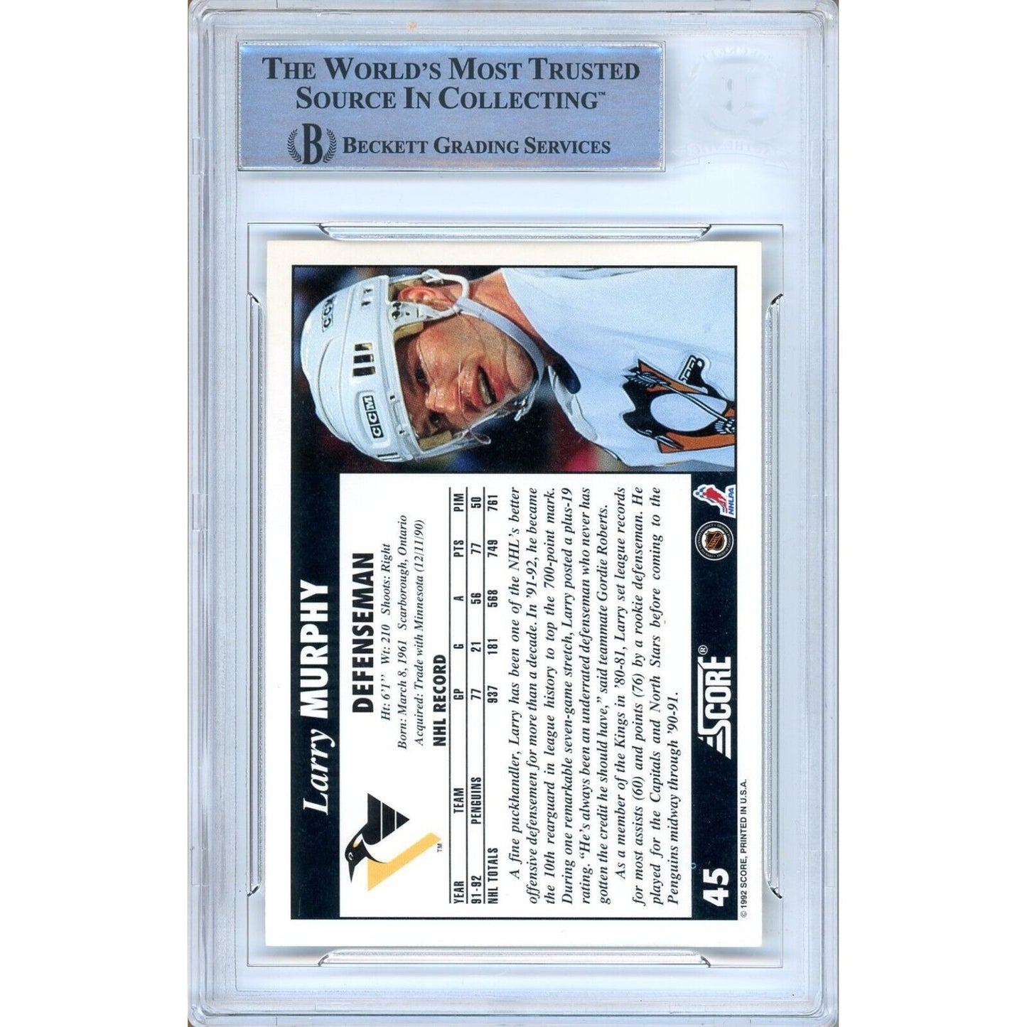 Hockey- Autographed- Larry Murphy Pittsburgh Penguins Signed 1992-93 Score Hockey Card Beckett Authenticated Auto Slab Back