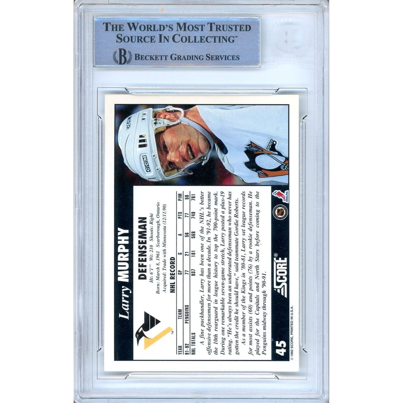 1992 Score #45 Larry Murphy Pittsburgh Penguins Autograph Trading Card – Beckett BAS.