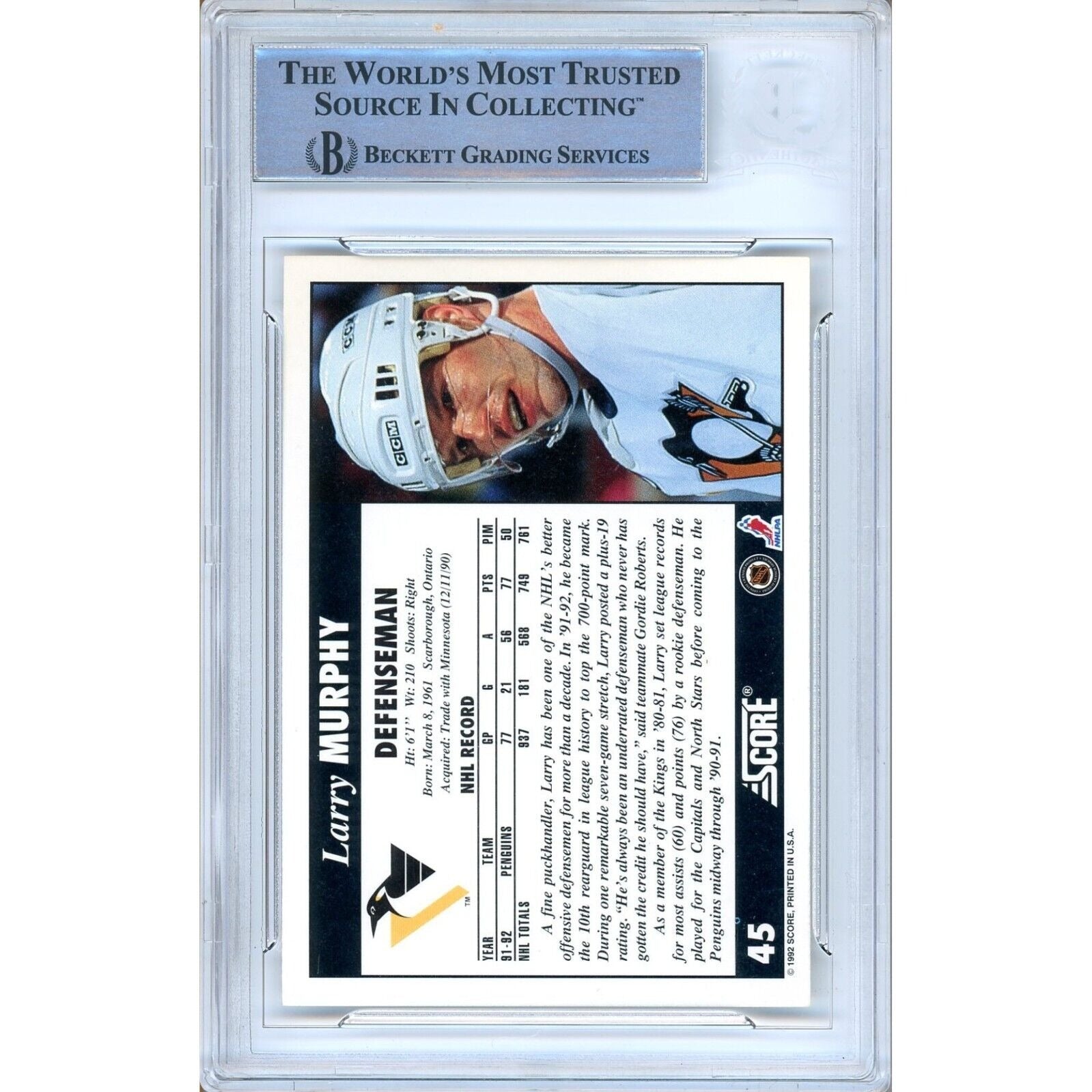 Hockey- Autographed- Larry Murphy Pittsburgh Penguins Signed 1992-93 Score Hockey Card Beckett Authenticated Auto Slab Back