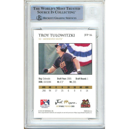 Baseballs- Autographed- Troy Tulowitzki Colorado Rockies Signed 2005 Justifiable 2006 Preview Trading Card Beckett Authentic Auto Slab Back