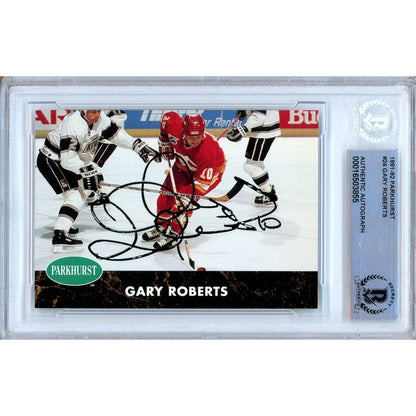 Hockey- Autographed- Gary Roberts Calgary Flames Signed 1991-92 Parkhurst Hockey Card Beckett Authentic Auto Slab Front