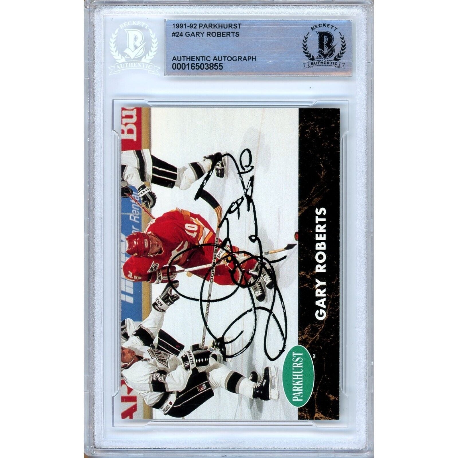 Hockey- Autographed- Gary Roberts Calgary Flames Signed 1991-92 Parkhurst Hockey Card Beckett Authenticated Auto Slab Front