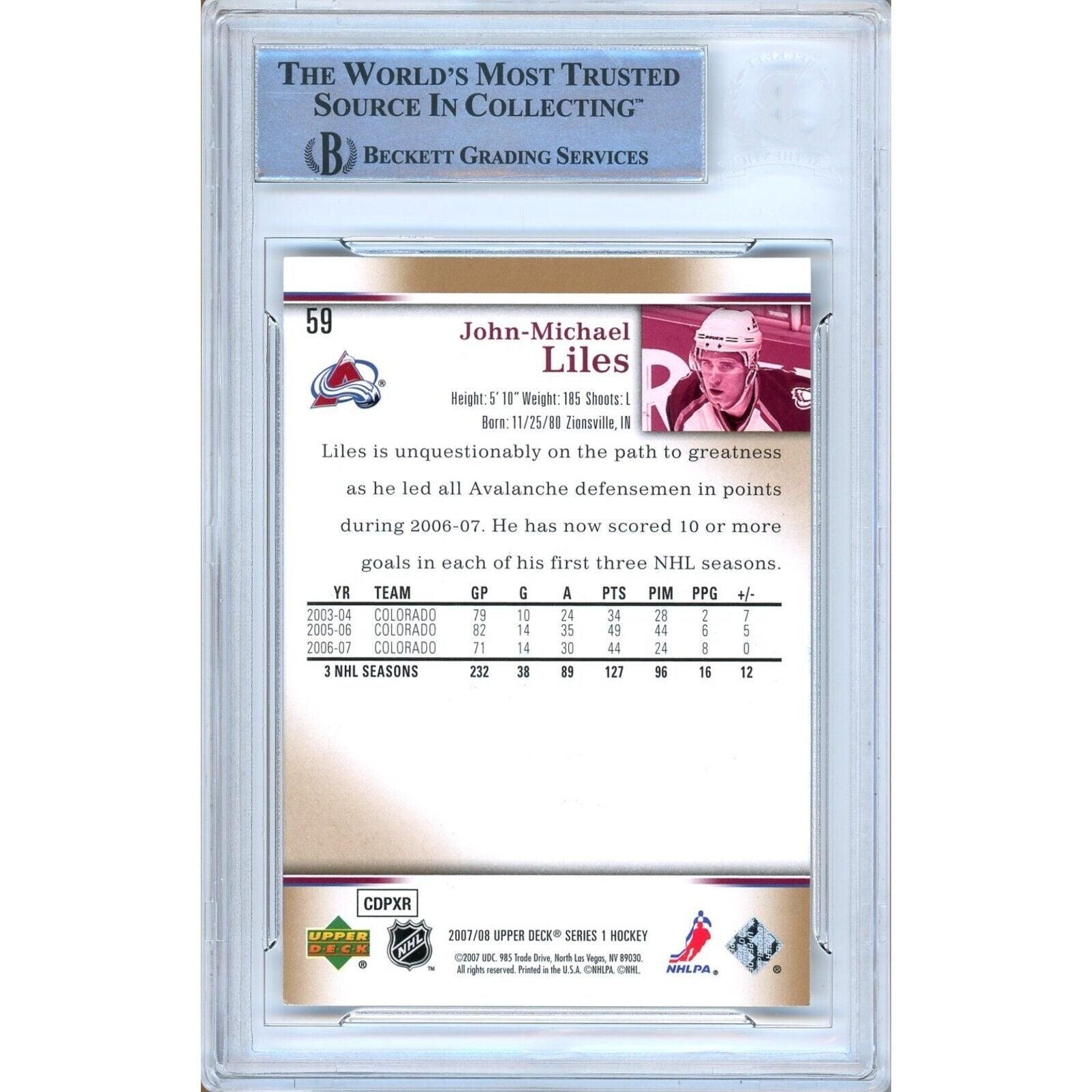 John-Michael Liles Colorado Avalanche signed trading card – signature close-up – Beckett COA