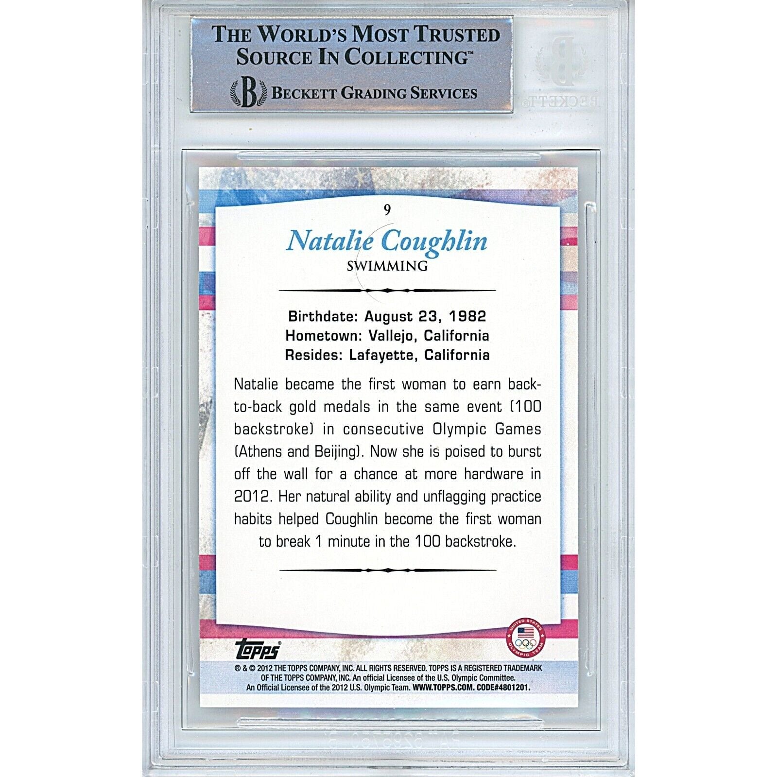 Olympics- Autographed- Natalie Coughlin Team USA Signed 012 Topps US Olympic Team Swimming Card Beckett Authentic Auto Slab Back