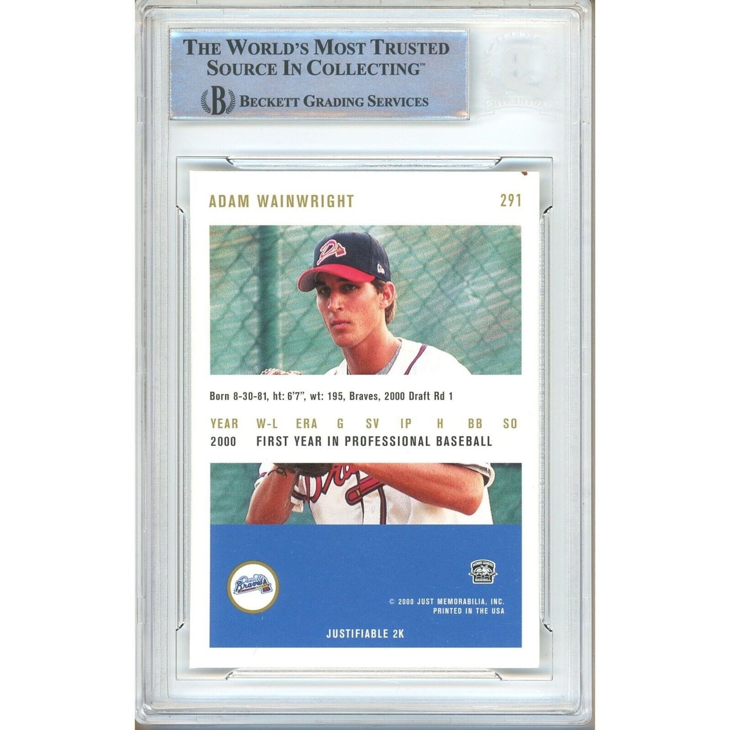 Baseball- Autographed- Adam Wainwright Signed 2000 Just Minor League Rookie Baseball Card Beckett Authentic Auto Slab Back