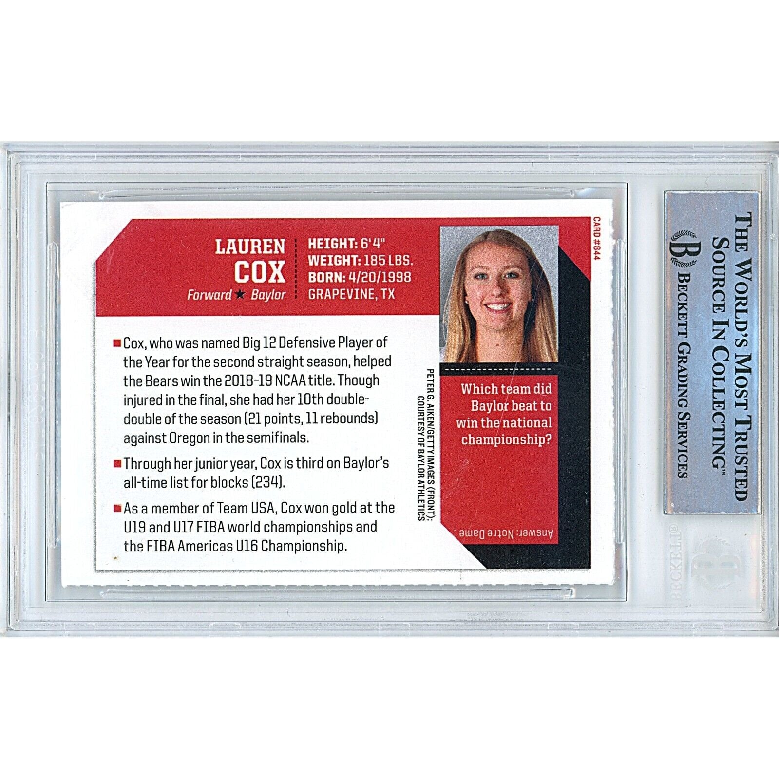 Lauren Cox Baylor Bears signed trading card – signature close-up – Beckett COA