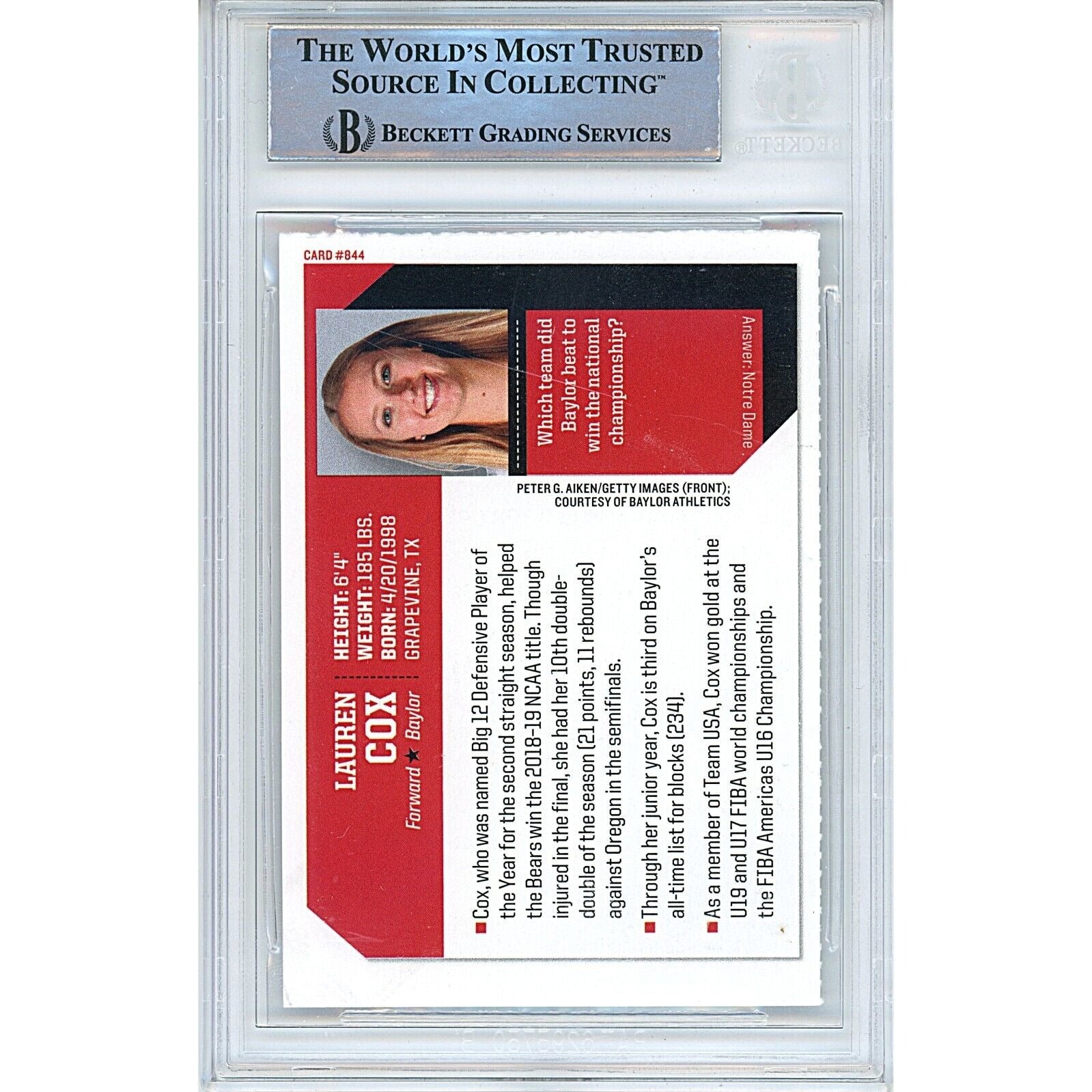 Lauren Cox Baylor Bears auto trading card – authentication sticker – Beckett COA