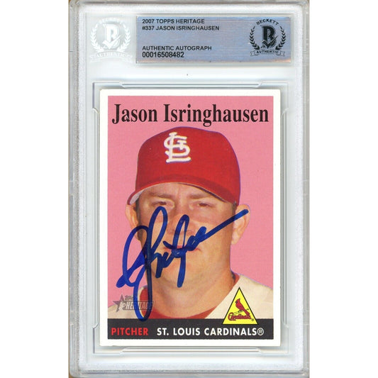 Baseballs- Autographed- Jason Isringhausen St Louis Cardinals Signed 2007 Topps Heritage Baseball Card Beckett Authentic Auto Slab Front