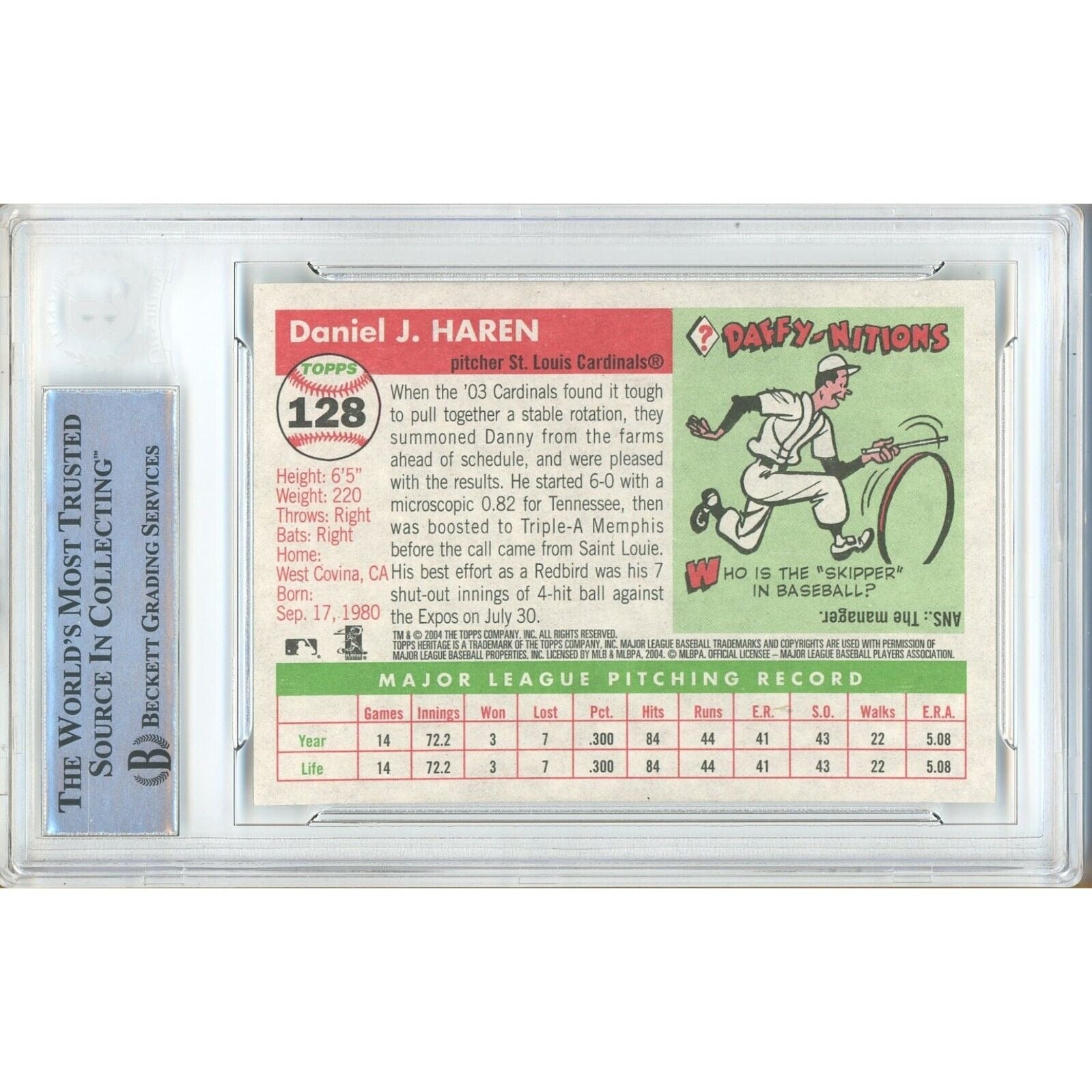 Baseballs- Autographed- Dan Haren St Louis Cardinals Signed 2004 Topps Heritage Baseball Card Beckett Authentic Auto Slab Back